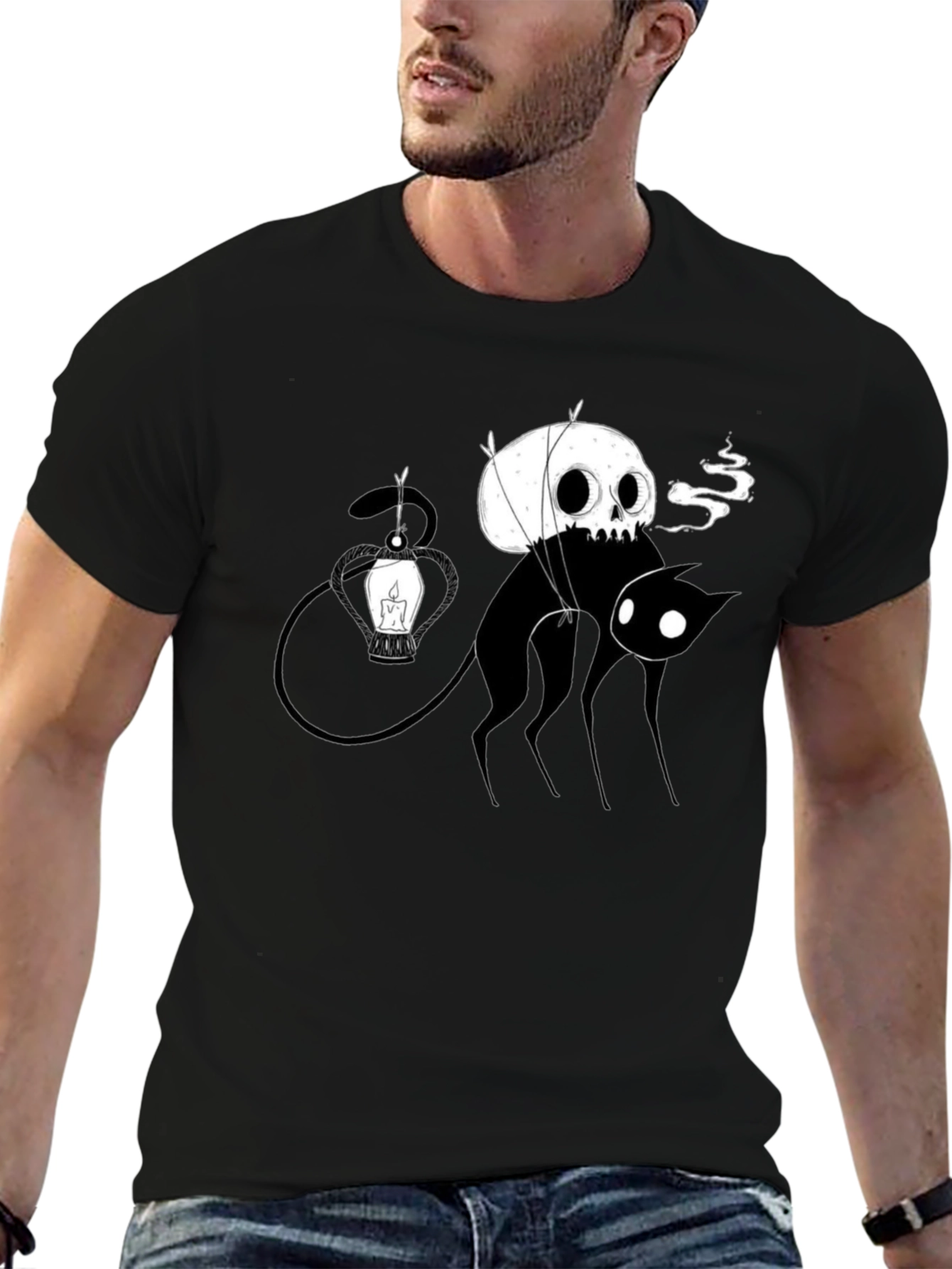 Skull Balloon Cat Black T-Shirt