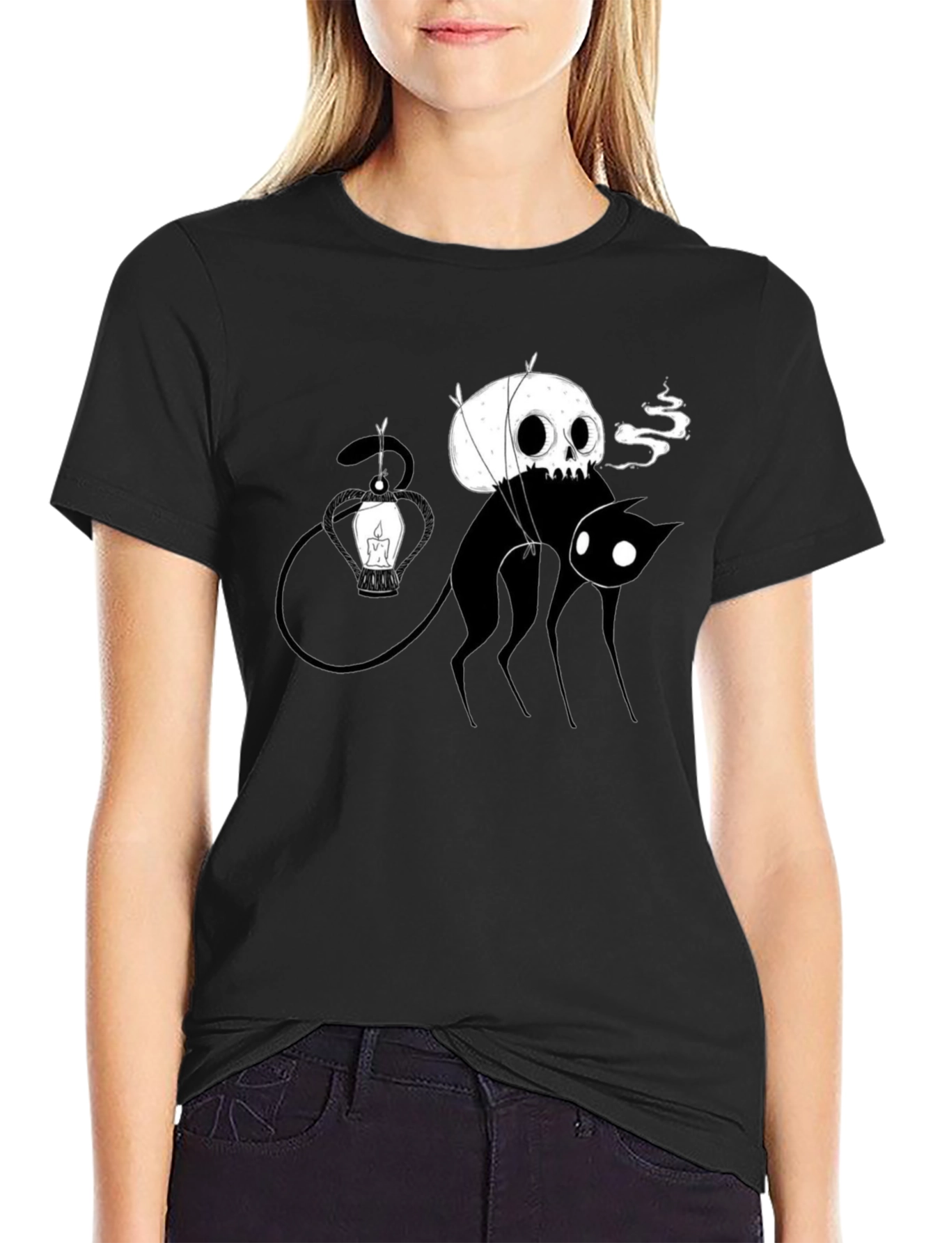 Skull Balloon Cat Black T-Shirt