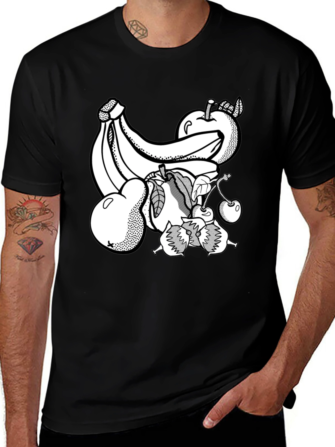 Fruit Graphic Print Black Crew Neck T-Shirt