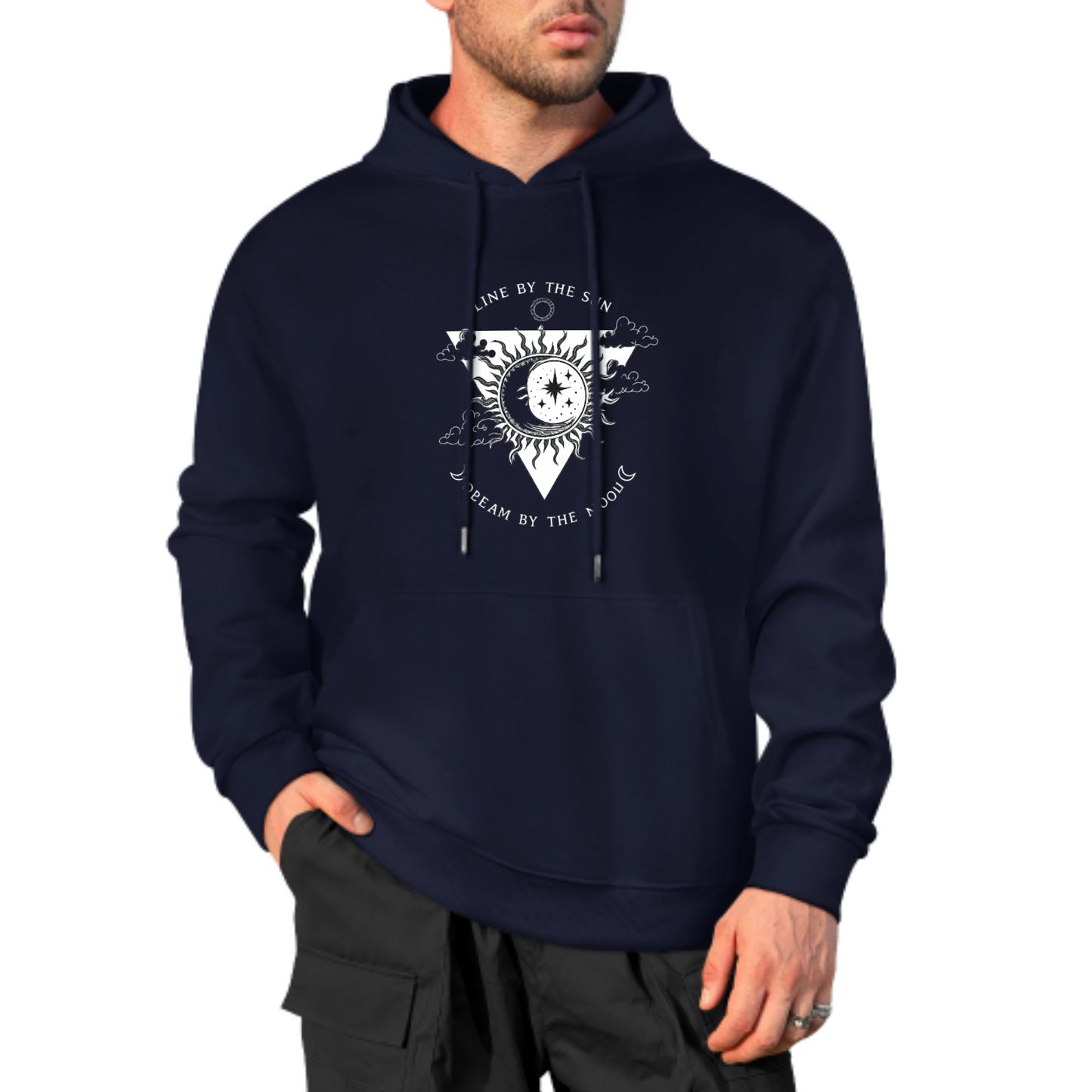 Sun & Moon Graphic Hoodie, Cosmic Balance Sweatshirt, Black Hoodie with Spiritual Design, Unisex Casual Wear, Trendy Hoodie for Dreamers