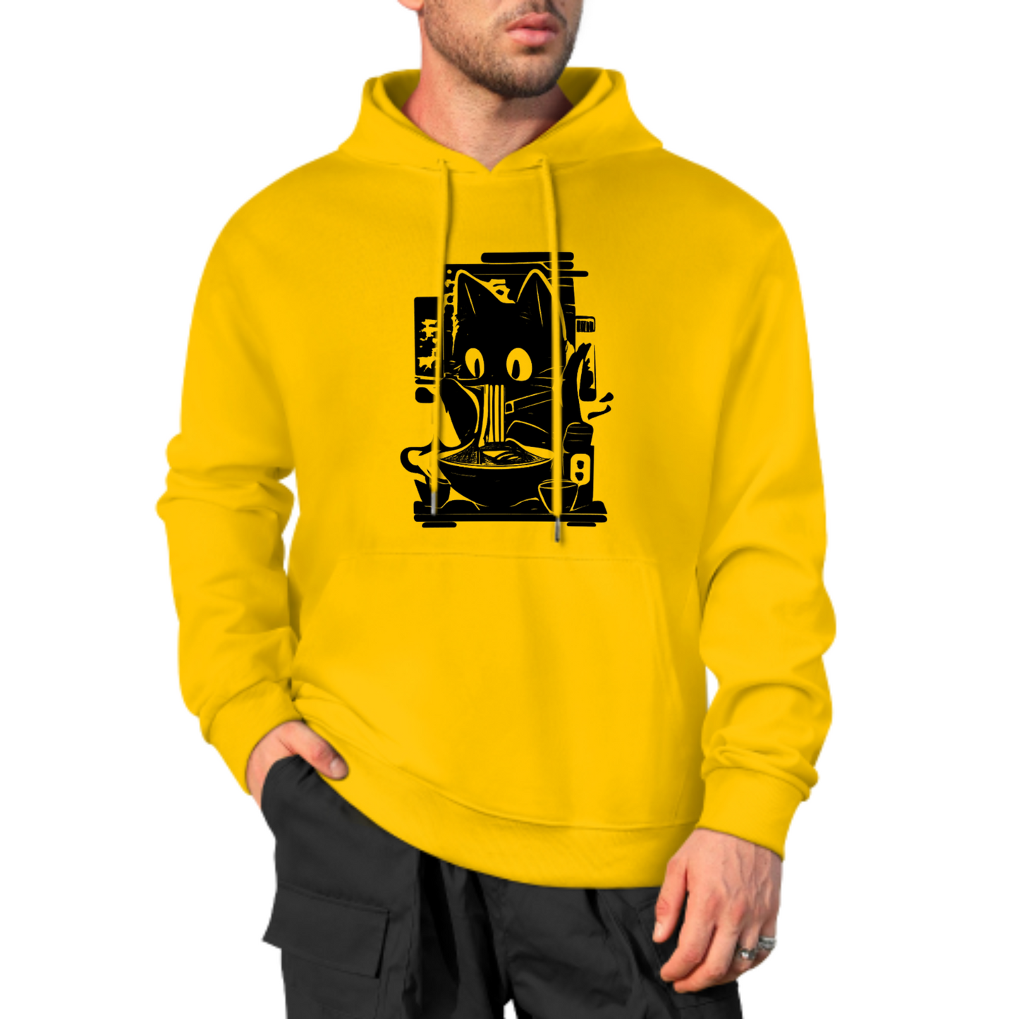 Cute Cat Eating Noodles Hoodie, Fun and Quirky Graphic Sweatshirt, Yellow Hoodie for Cat Lovers, Comfortable & Trendy Casual Wear, Unisex Design