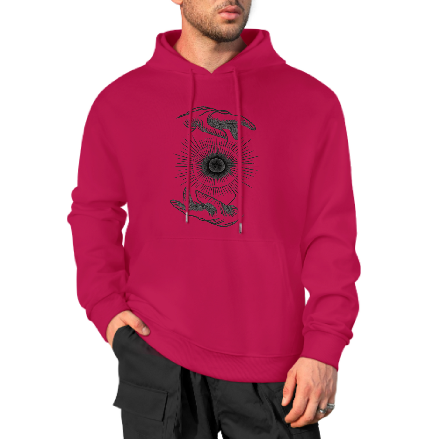 Cosmic Hands Hoodie, Mystical Sun Graphic Sweatshirt, Red Hoodie for Spiritual Vibes, Unisex Casual Wear, Trendy Hoodie with Unique Design
