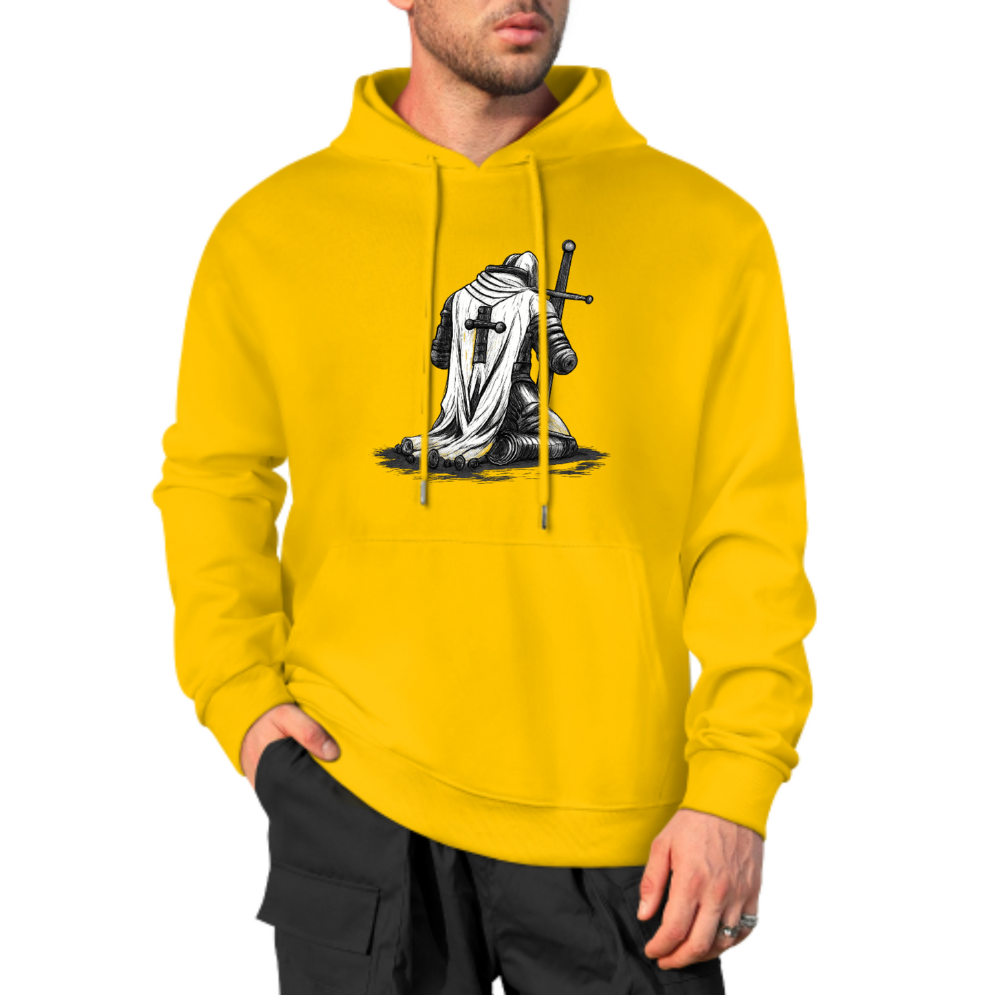 Knight Warrior Graphic Hoodie, Medieval Armor Sweatshirt, Black & White Knight Design, Spiritual Strength Hoodie, Unisex Casual Wear