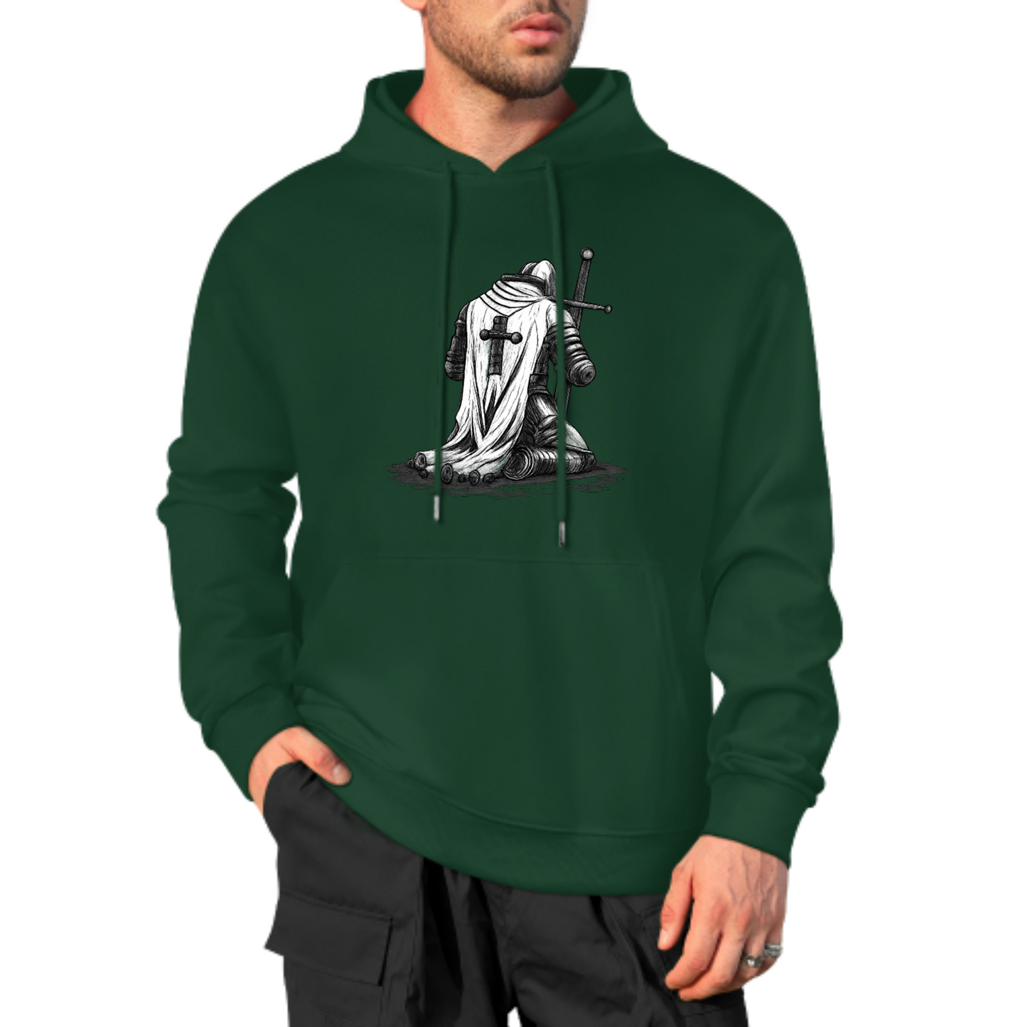 Knight Warrior Graphic Hoodie, Medieval Armor Sweatshirt, Black & White Knight Design, Spiritual Strength Hoodie, Unisex Casual Wear