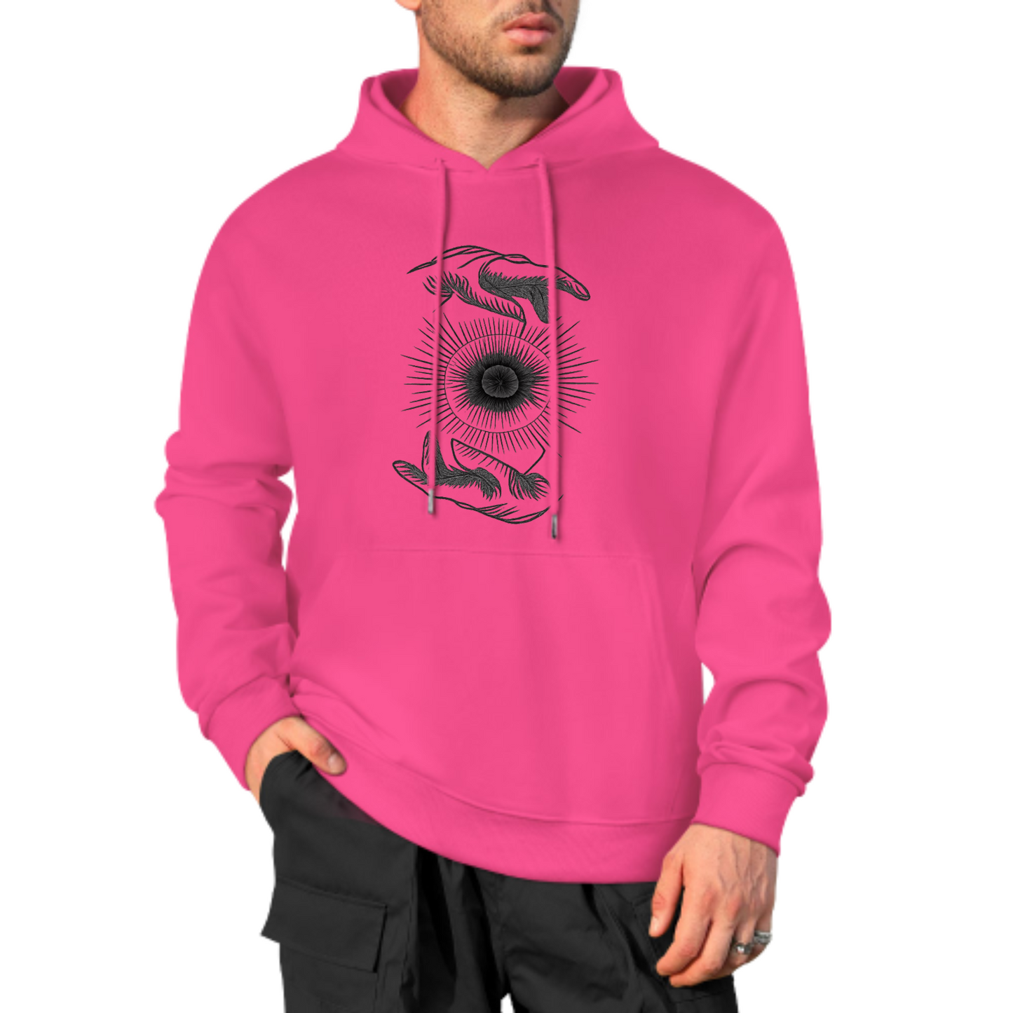 Cosmic Hands Hoodie, Mystical Sun Graphic Sweatshirt, Red Hoodie for Spiritual Vibes, Unisex Casual Wear, Trendy Hoodie with Unique Design