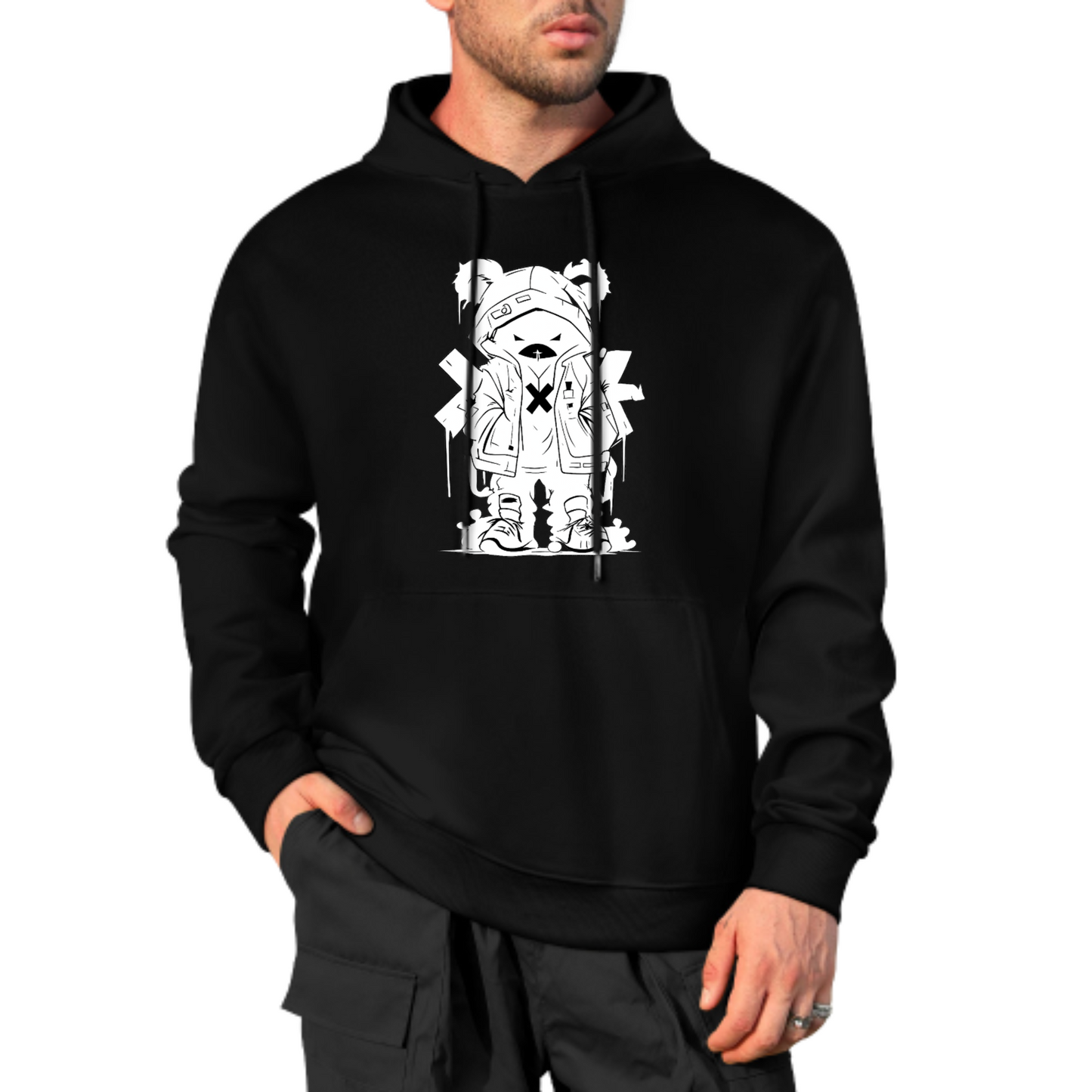 Streetwear Bear Graphic Hoodie, Red Jacket Bear Design Sweatshirt, Trendy Casual Hoodie for Urban Fashion, Unisex Cool Bear Artwork Hoodie