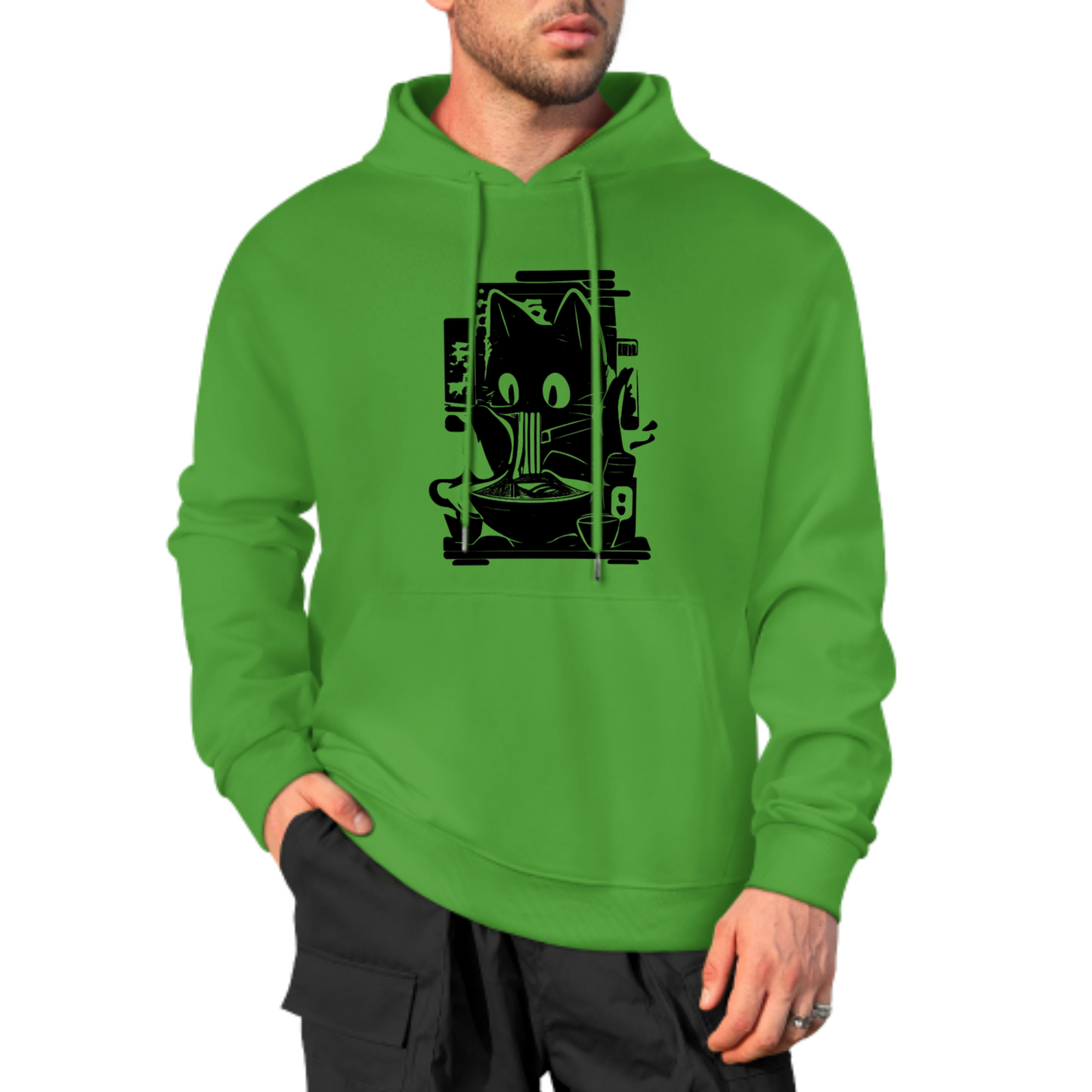 Cute Cat Eating Noodles Hoodie, Fun and Quirky Graphic Sweatshirt, Yellow Hoodie for Cat Lovers, Comfortable & Trendy Casual Wear, Unisex Design