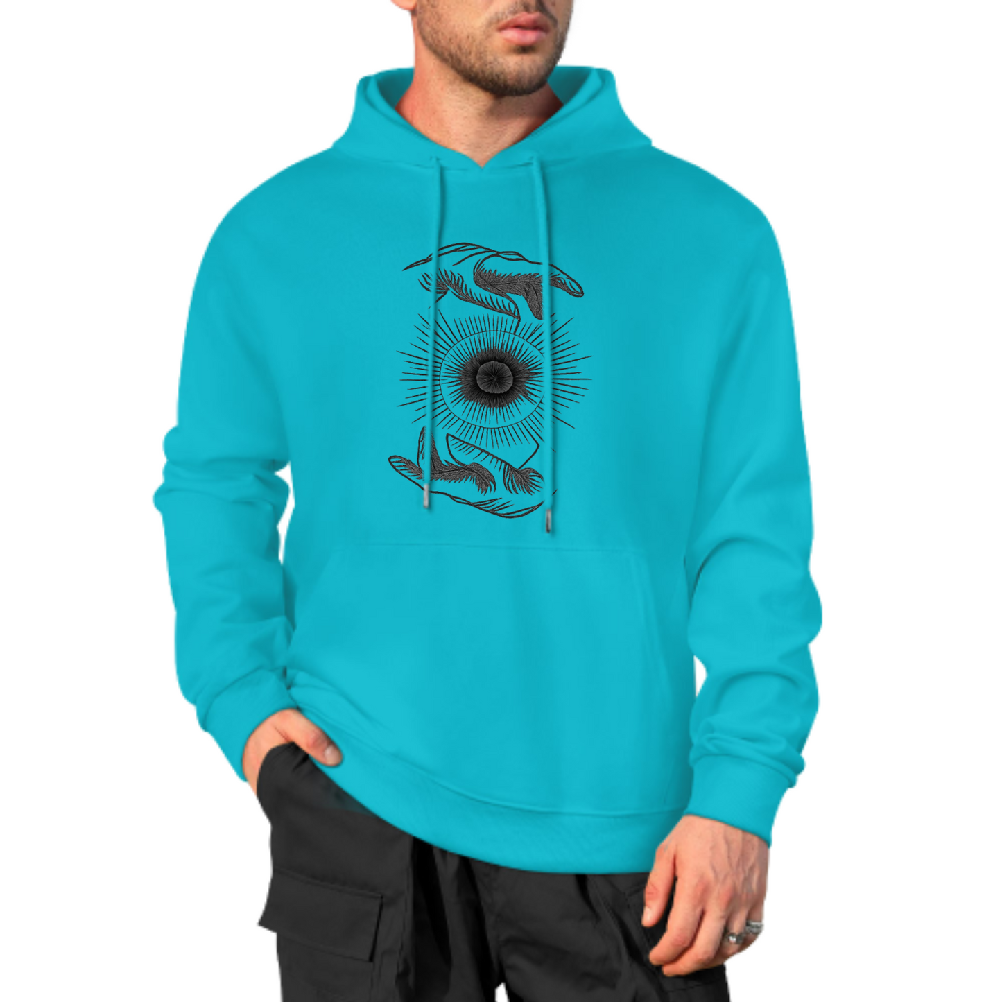 Cosmic Hands Hoodie, Mystical Sun Graphic Sweatshirt, Red Hoodie for Spiritual Vibes, Unisex Casual Wear, Trendy Hoodie with Unique Design