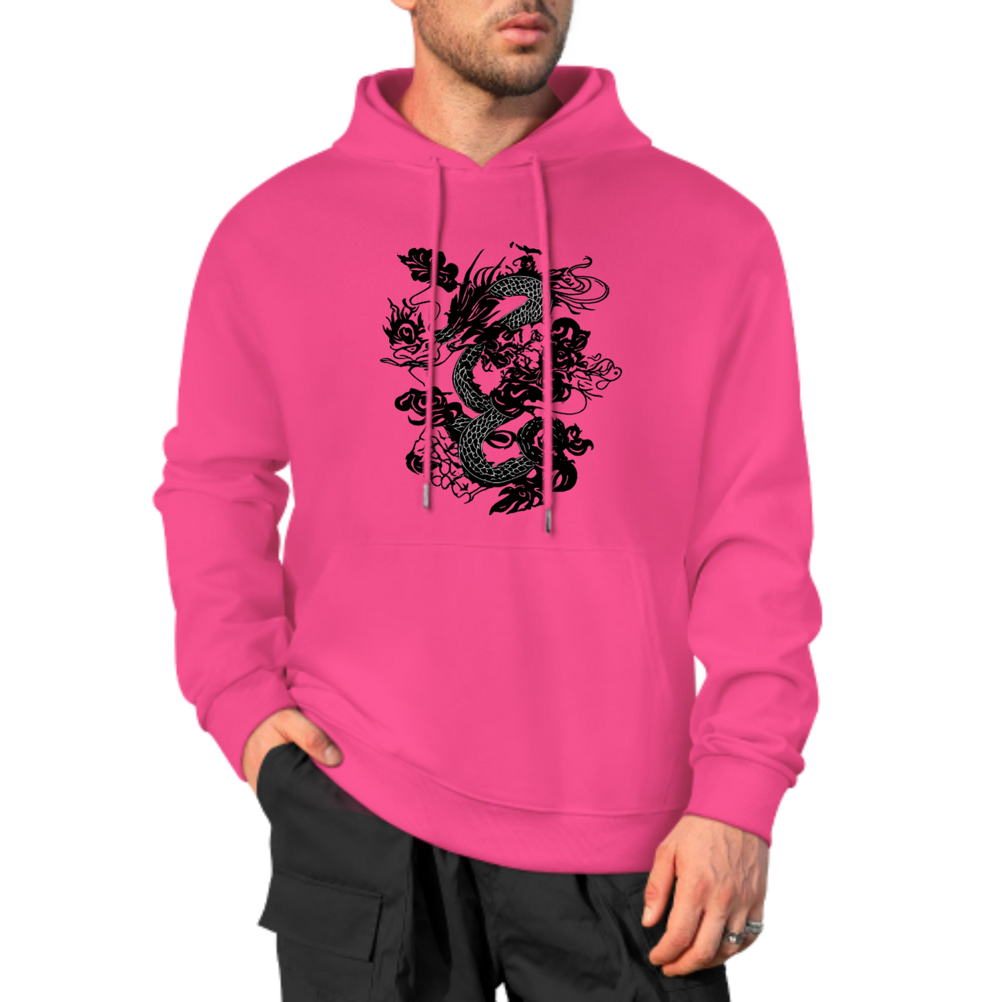 Dragon Graphic Hoodie, Bold Black Ink Dragon Design Sweatshirt, Cream Color Hoodie, Asian-Inspired Artwork, Unisex Casual Wear