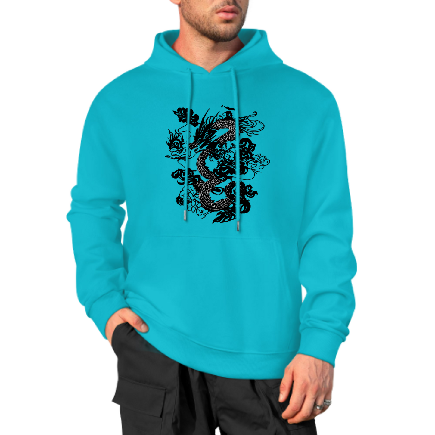 Dragon Graphic Hoodie, Bold Black Ink Dragon Design Sweatshirt, Cream Color Hoodie, Asian-Inspired Artwork, Unisex Casual Wear