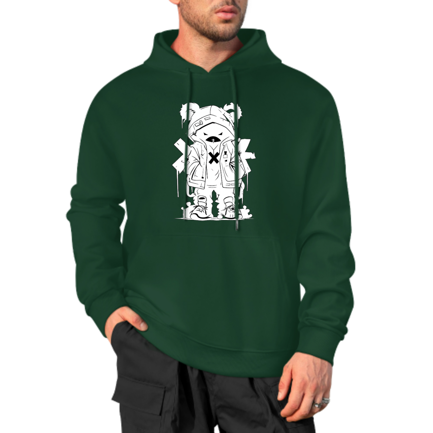 Streetwear Bear Graphic Hoodie, Red Jacket Bear Design Sweatshirt, Trendy Casual Hoodie for Urban Fashion, Unisex Cool Bear Artwork Hoodie