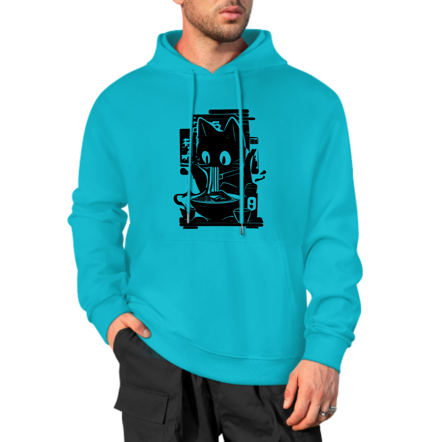 Cute Cat Eating Noodles Hoodie, Fun and Quirky Graphic Sweatshirt, Yellow Hoodie for Cat Lovers, Comfortable & Trendy Casual Wear, Unisex Design