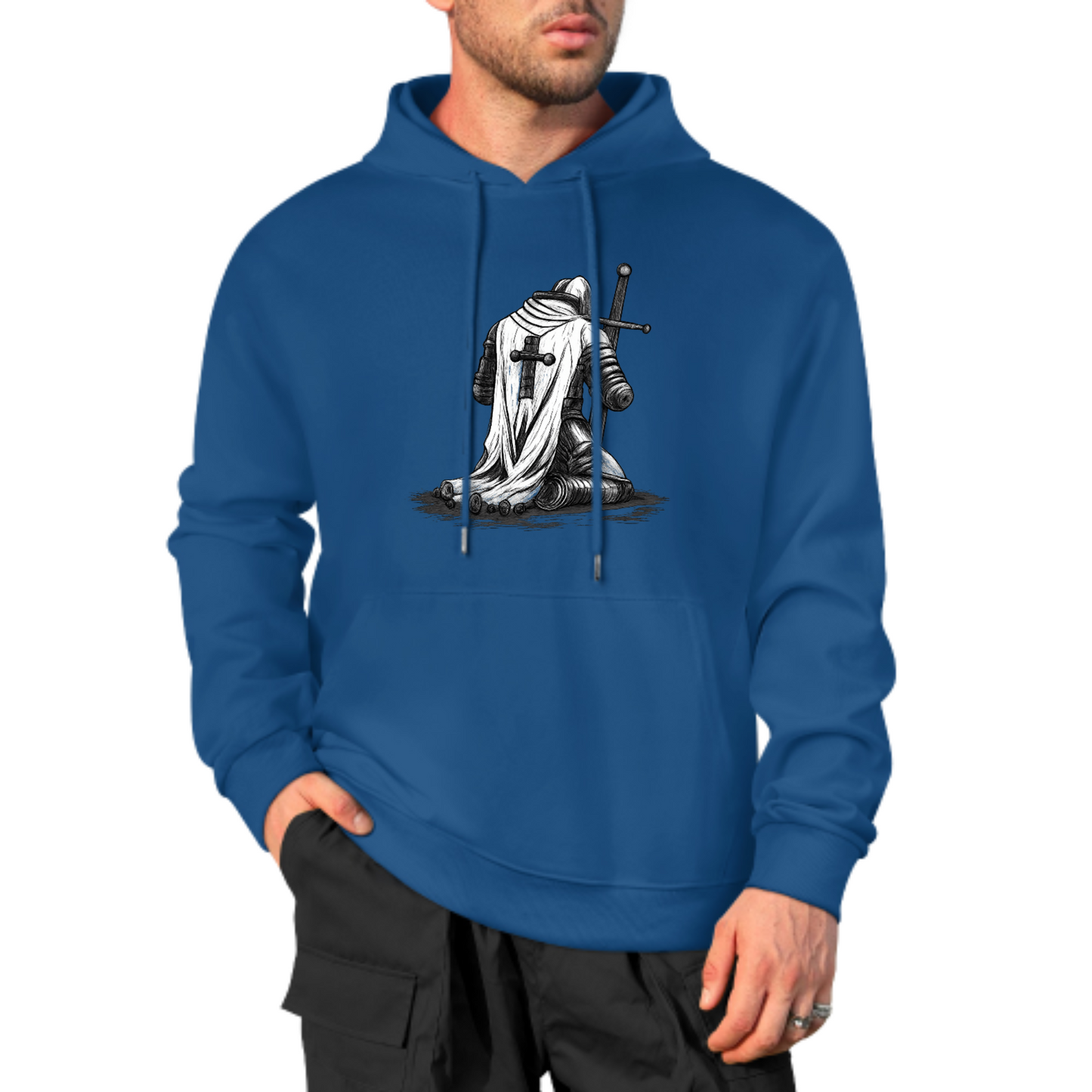 Knight Warrior Graphic Hoodie, Medieval Armor Sweatshirt, Black & White Knight Design, Spiritual Strength Hoodie, Unisex Casual Wear