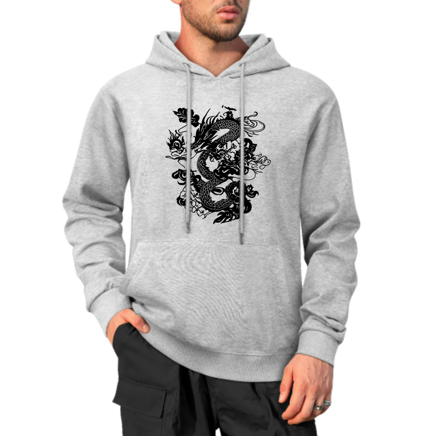 Dragon Graphic Hoodie, Bold Black Ink Dragon Design Sweatshirt, Cream Color Hoodie, Asian-Inspired Artwork, Unisex Casual Wear