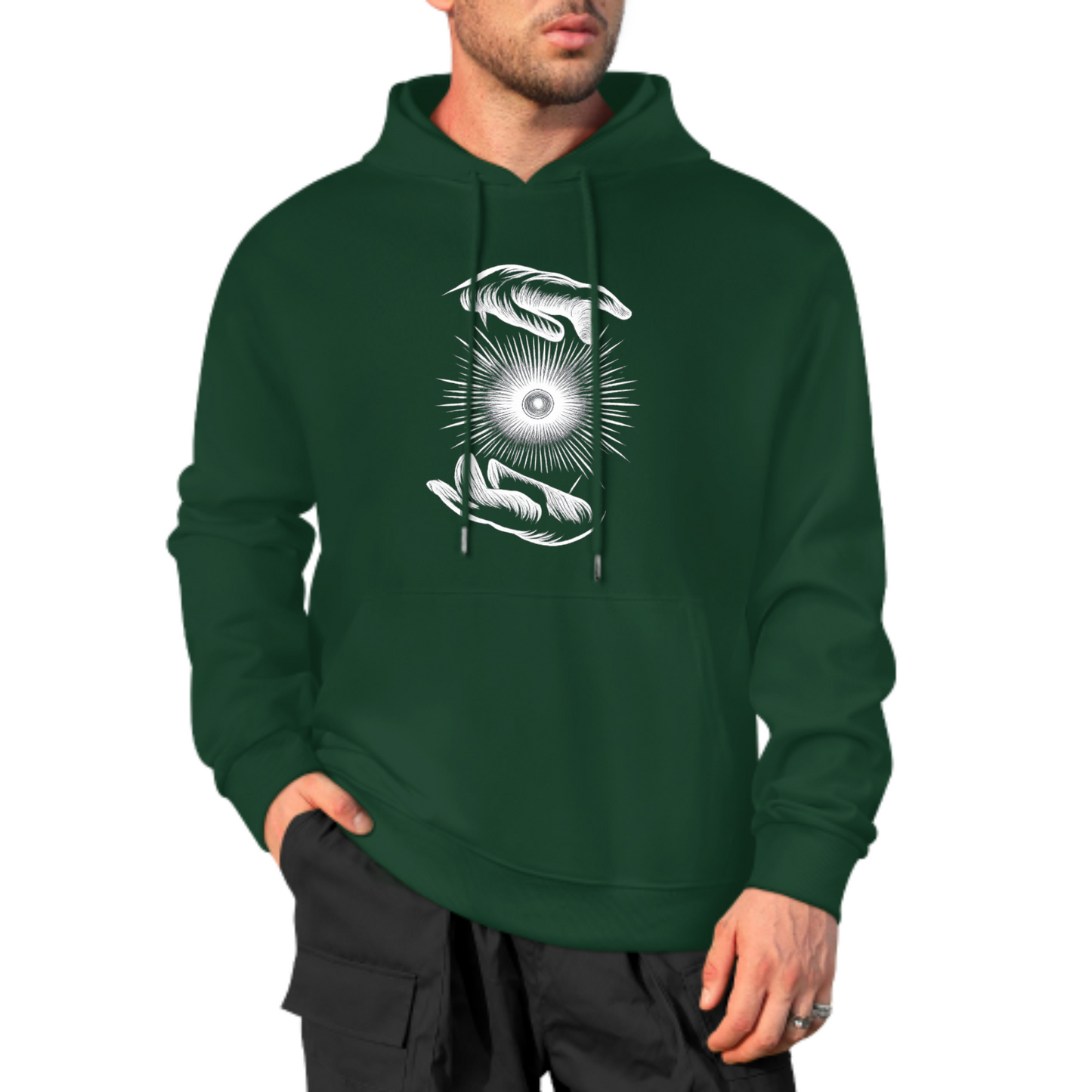 Cosmic Hands Hoodie, Mystical Sun Graphic Sweatshirt, Red Hoodie for Spiritual Vibes, Unisex Casual Wear, Trendy Hoodie with Unique Design