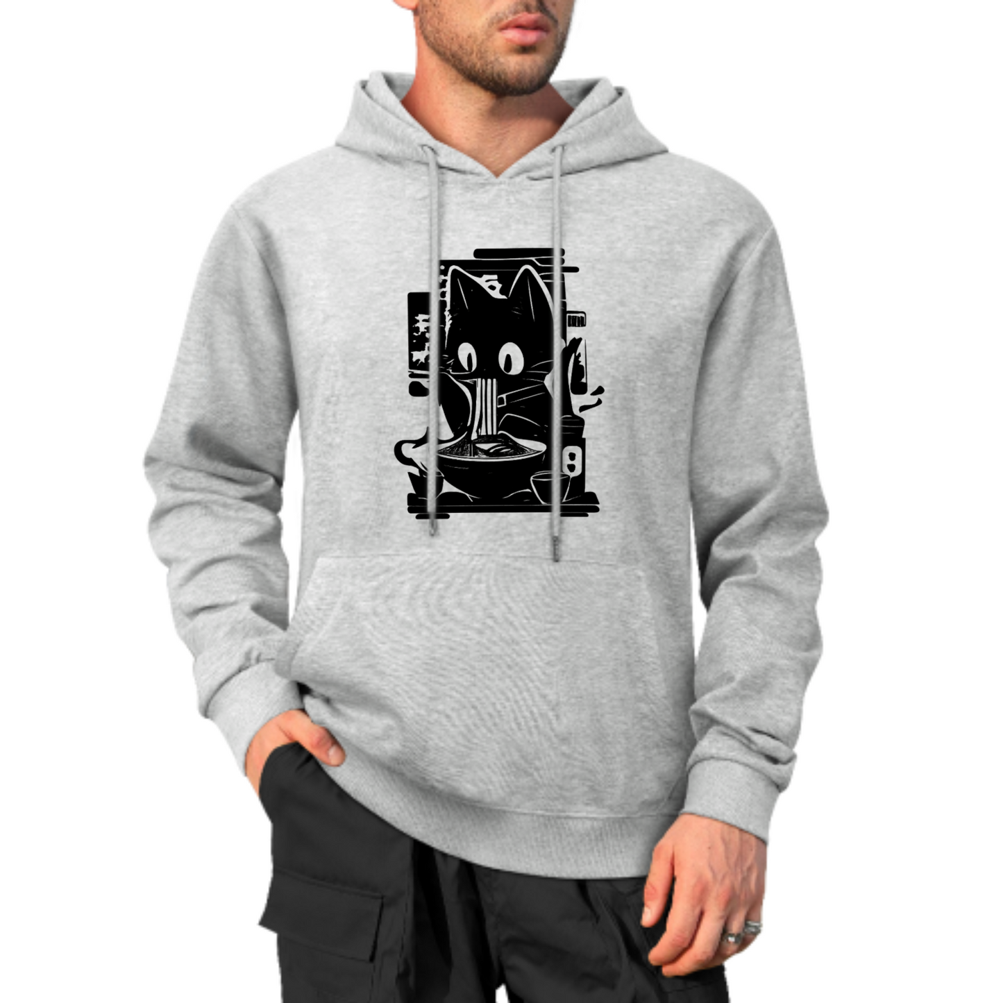 Cute Cat Eating Noodles Hoodie, Fun and Quirky Graphic Sweatshirt, Yellow Hoodie for Cat Lovers, Comfortable & Trendy Casual Wear, Unisex Design