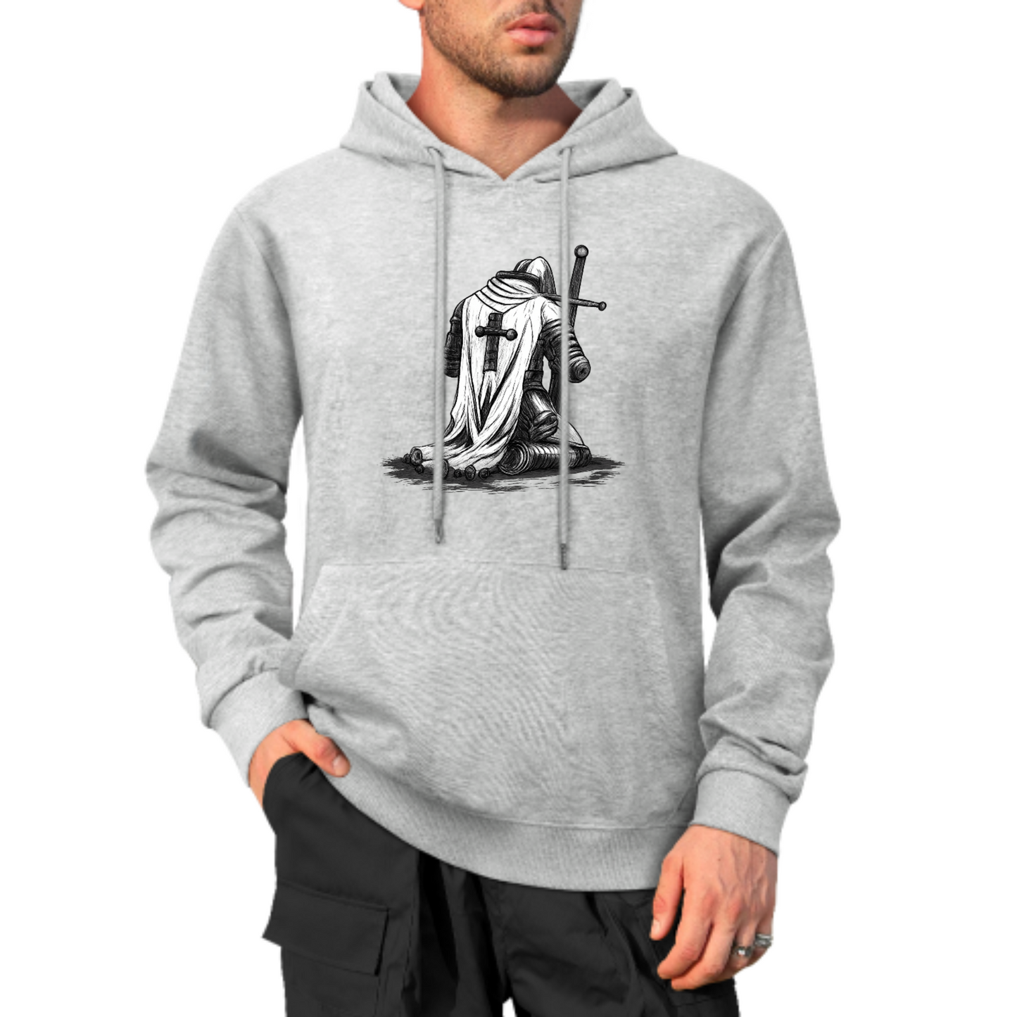 Knight Warrior Graphic Hoodie, Medieval Armor Sweatshirt, Black & White Knight Design, Spiritual Strength Hoodie, Unisex Casual Wear