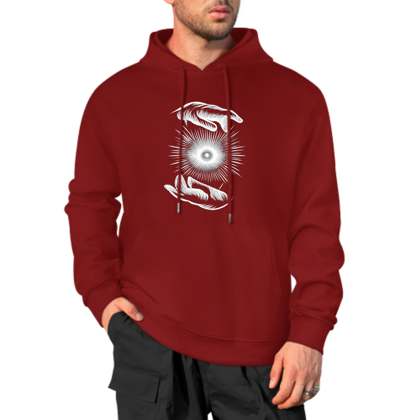 Cosmic Hands Hoodie, Mystical Sun Graphic Sweatshirt, Red Hoodie for Spiritual Vibes, Unisex Casual Wear, Trendy Hoodie with Unique Design