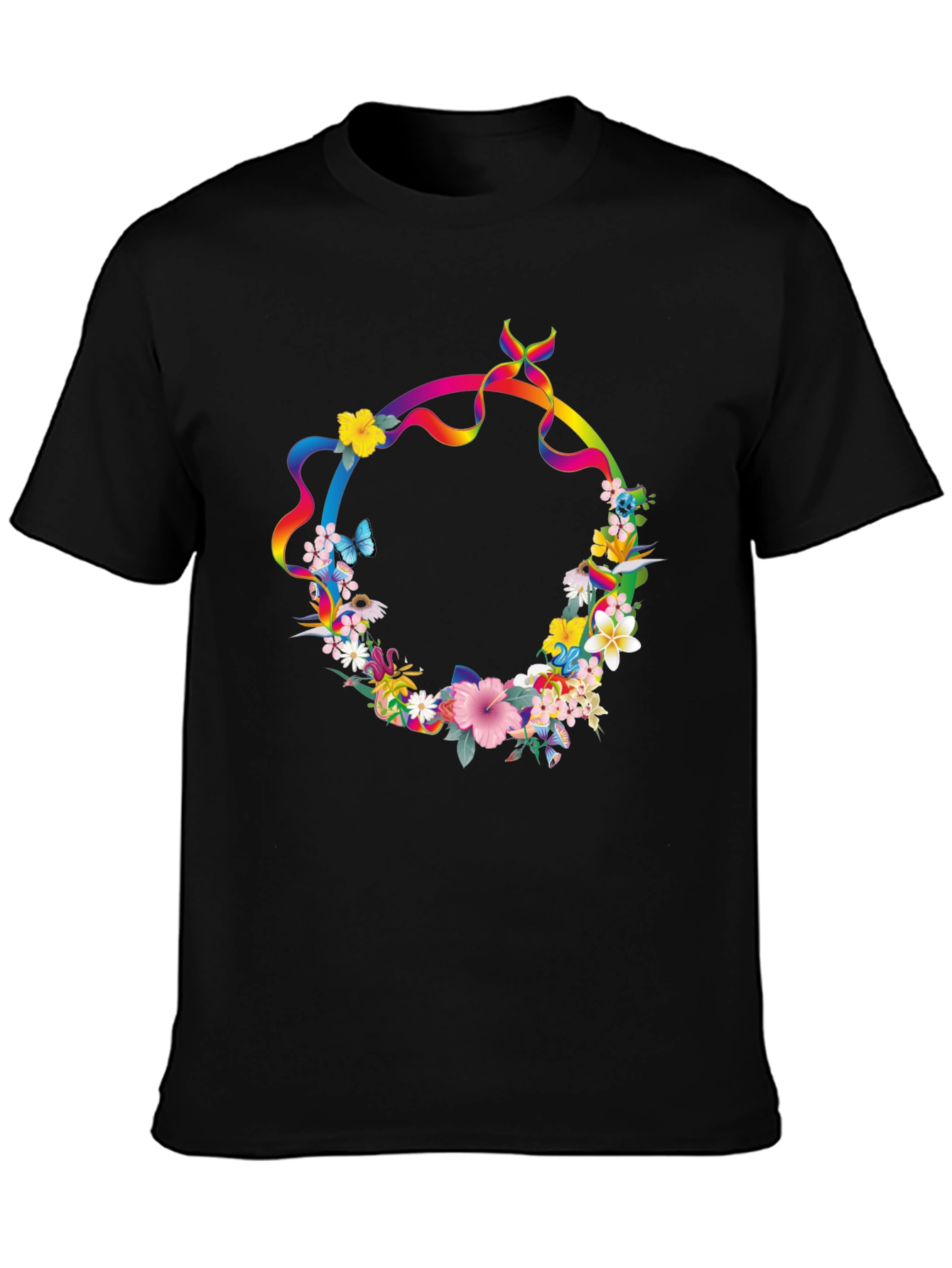 Floral Rainbow Ribbon Wreath Black T-Shirt