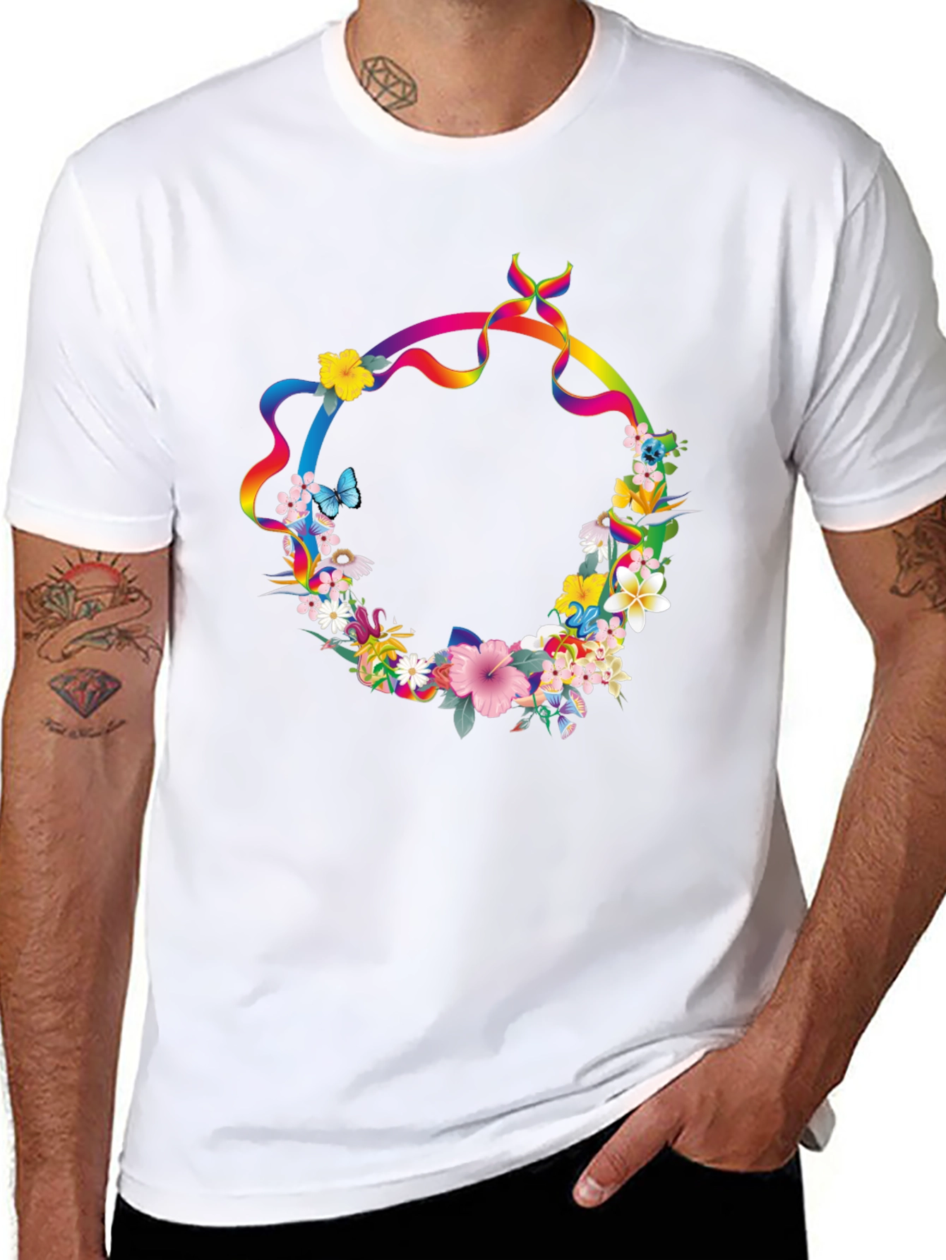 Floral Rainbow Ribbon Wreath Black T-Shirt