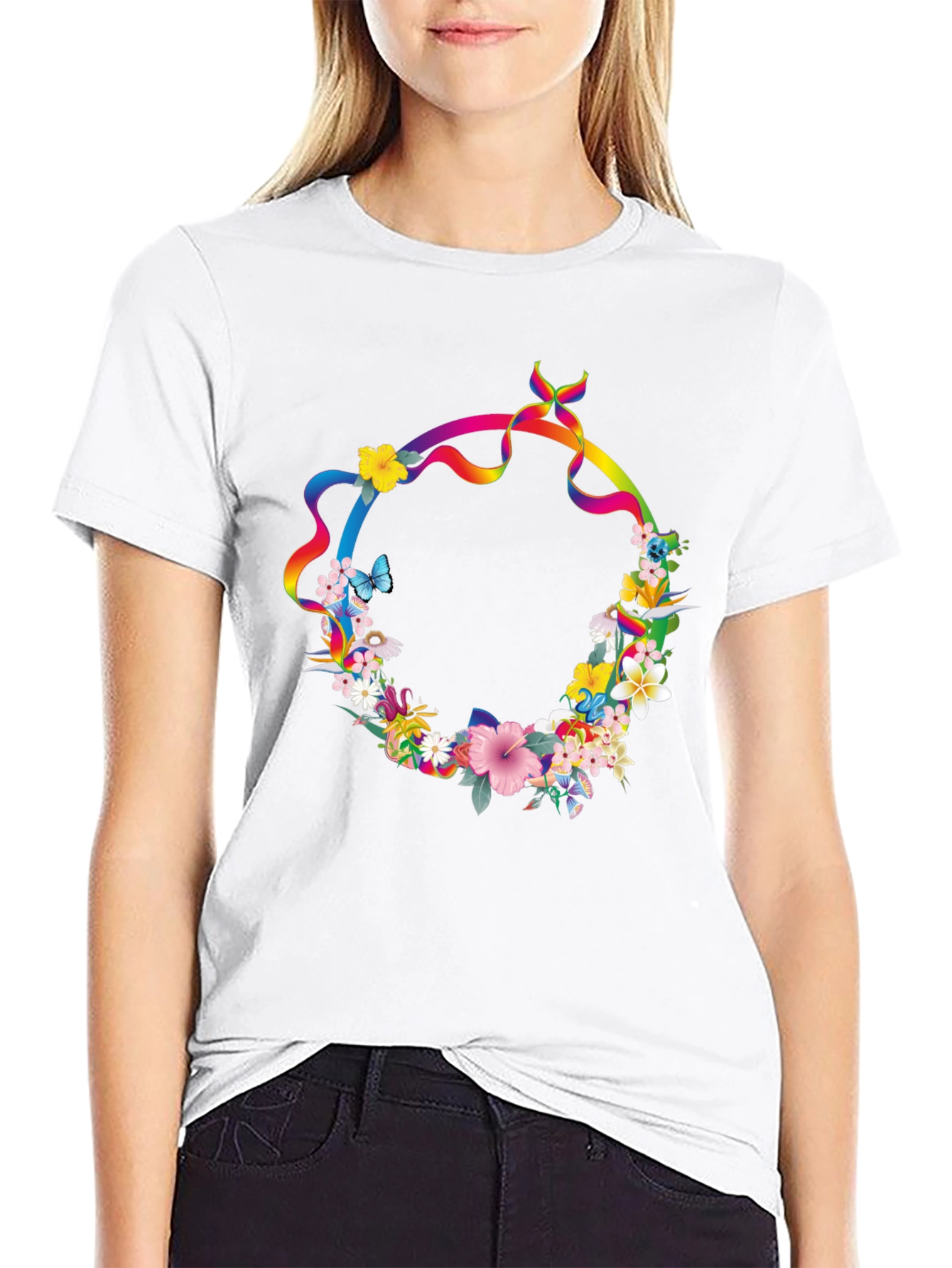 Floral Rainbow Ribbon Wreath Black T-Shirt