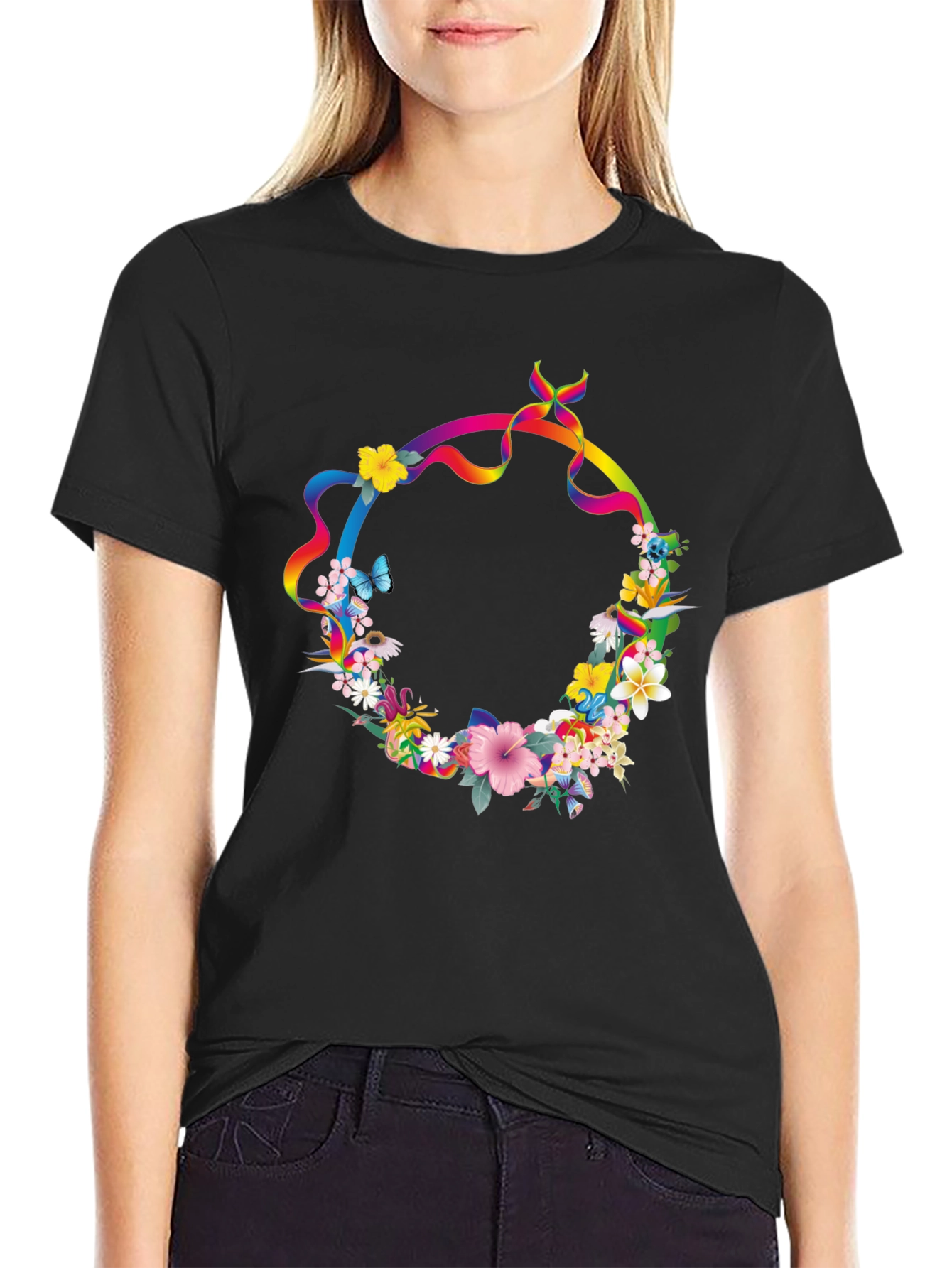 Floral Rainbow Ribbon Wreath Black T-Shirt