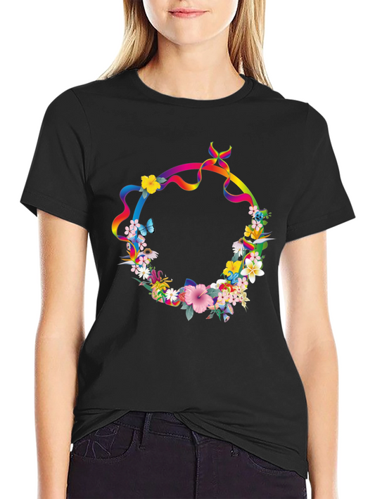 Floral Rainbow Ribbon Wreath Black T-Shirt