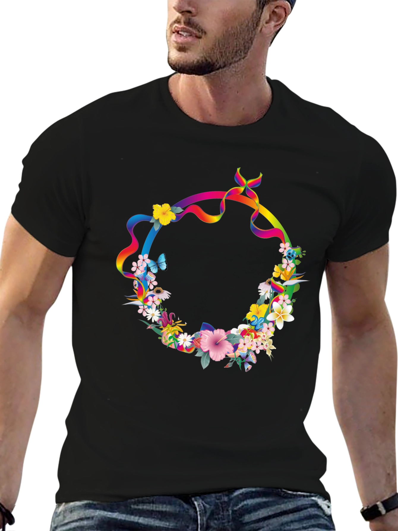 Floral Rainbow Ribbon Wreath Black T-Shirt