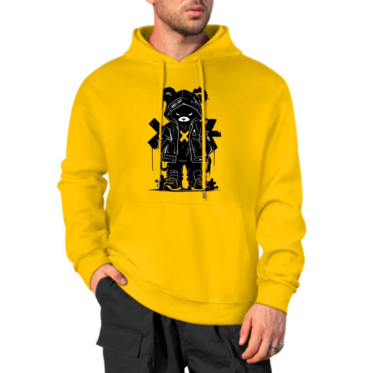 Streetwear Bear Graphic Hoodie, Red Jacket Bear Design Sweatshirt, Trendy Casual Hoodie for Urban Fashion, Unisex Cool Bear Artwork Hoodie