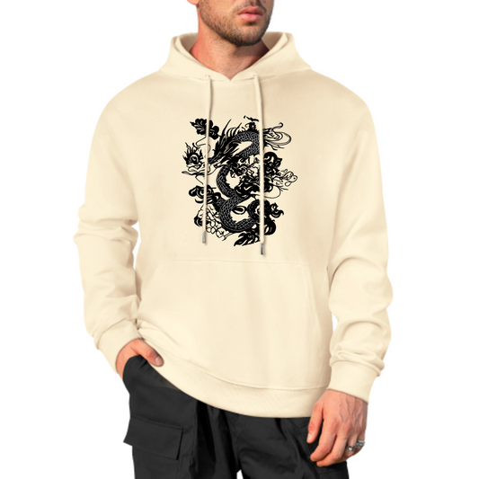 Dragon Graphic Hoodie, Bold Black Ink Dragon Design Sweatshirt, Cream Color Hoodie, Asian-Inspired Artwork, Unisex Casual Wear