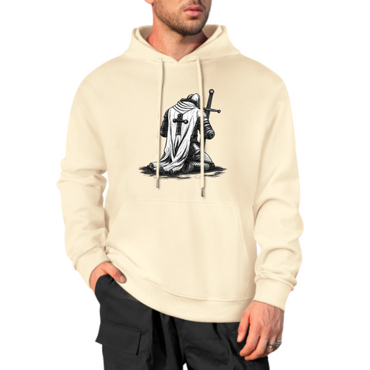 Knight Warrior Graphic Hoodie, Medieval Armor Sweatshirt, Black & White Knight Design, Spiritual Strength Hoodie, Unisex Casual Wear