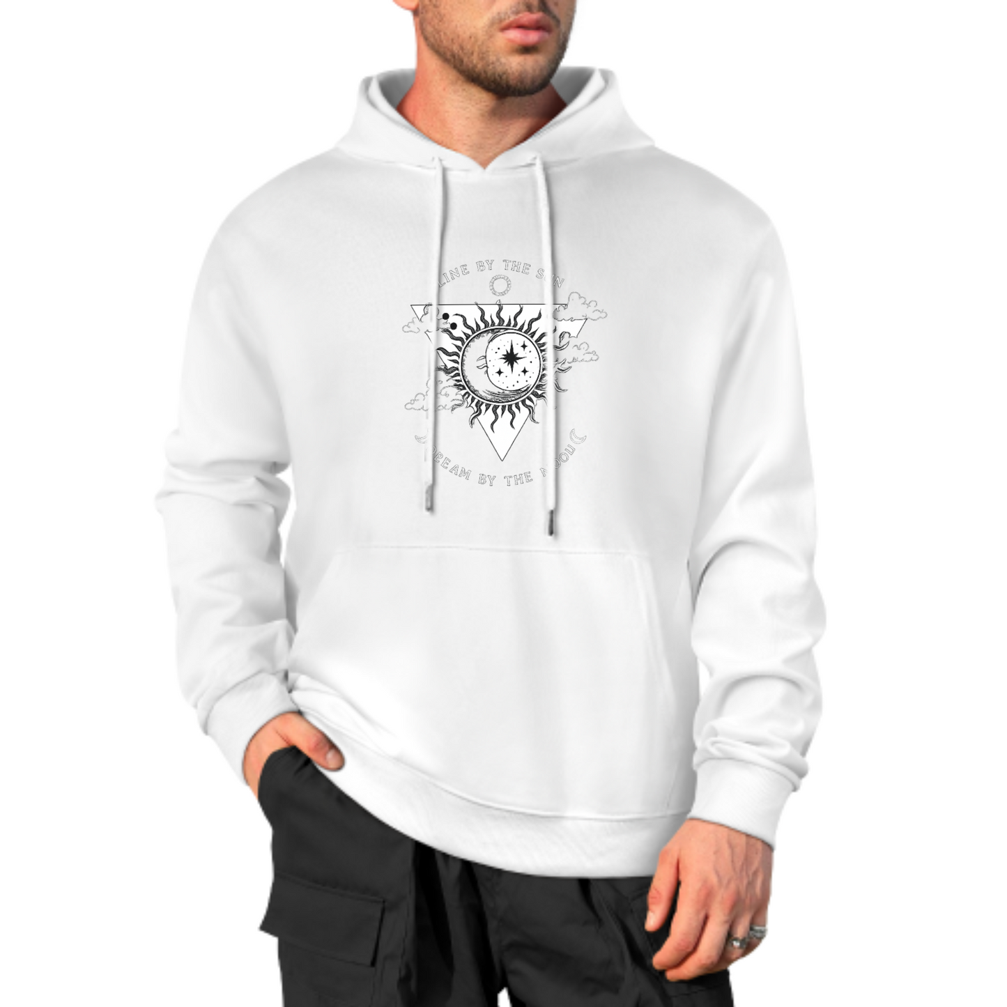 Sun & Moon Graphic Hoodie, Cosmic Balance Sweatshirt, Black Hoodie with Spiritual Design, Unisex Casual Wear, Trendy Hoodie for Dreamers