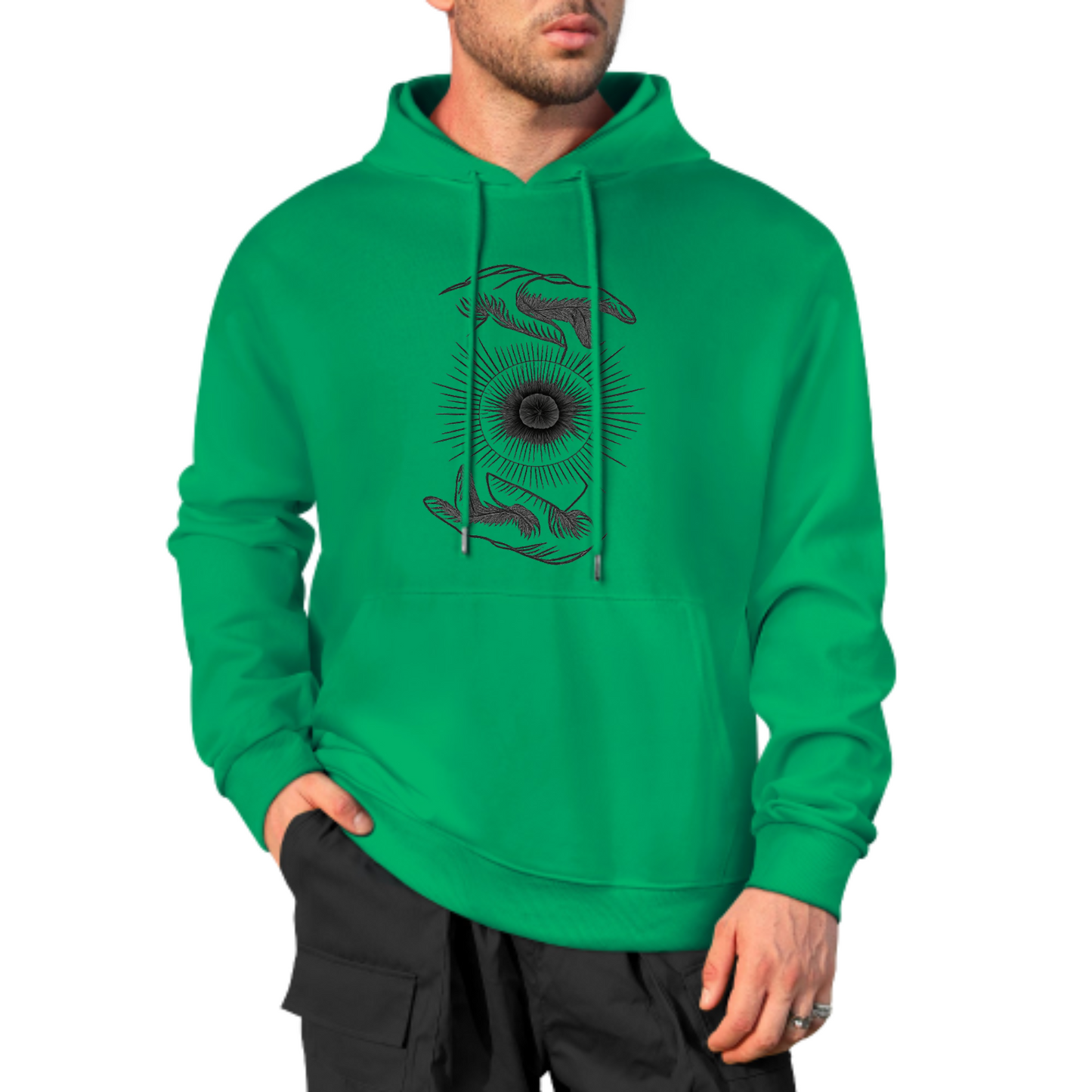 Cosmic Hands Hoodie, Mystical Sun Graphic Sweatshirt, Red Hoodie for Spiritual Vibes, Unisex Casual Wear, Trendy Hoodie with Unique Design