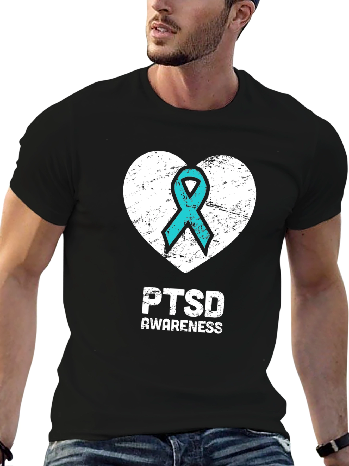 PTSD Awareness T-Shirt - Teal Ribbon Heart Design
