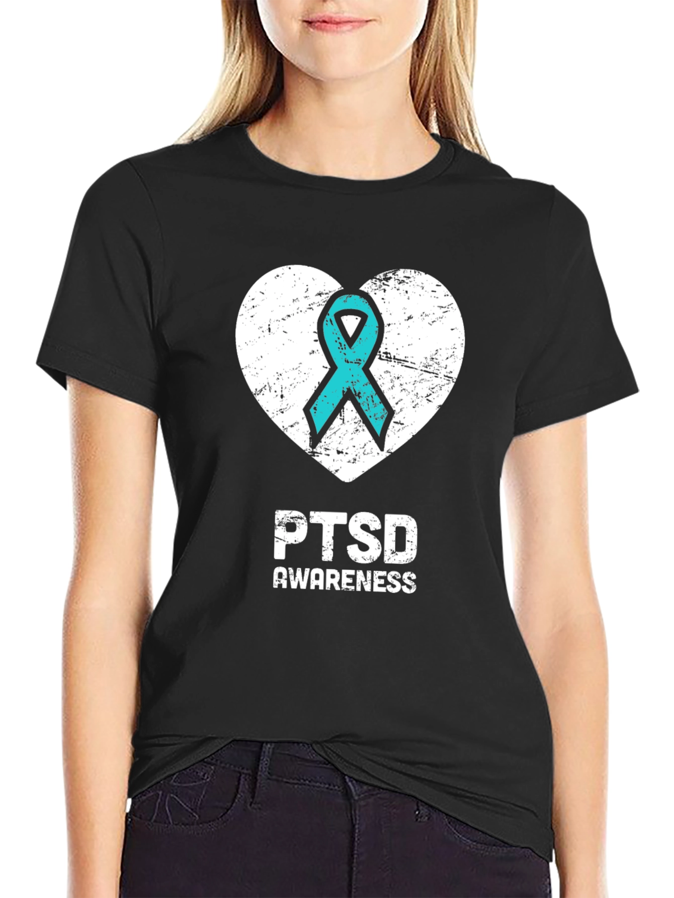 PTSD Awareness T-Shirt - Teal Ribbon Heart Design