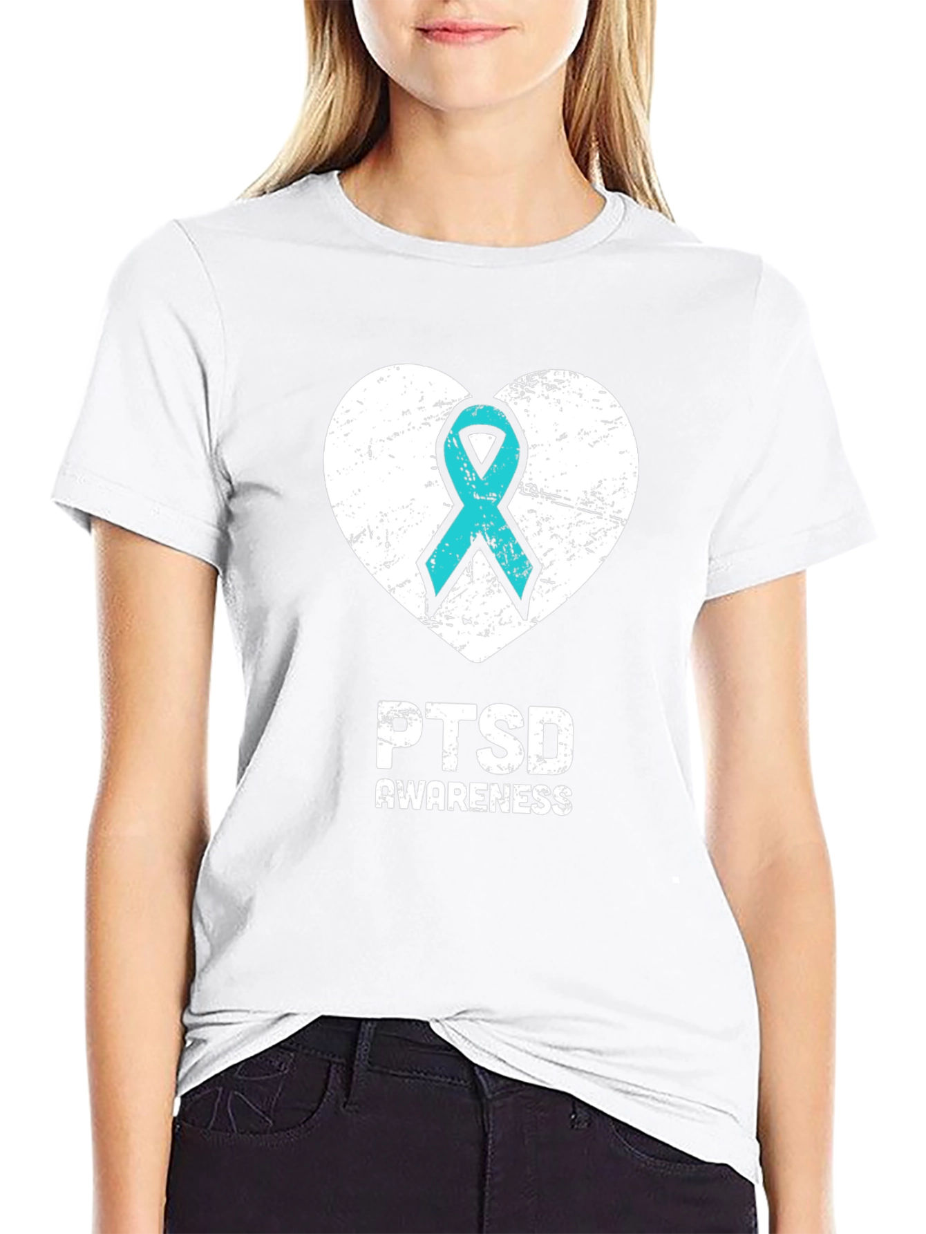 PTSD Awareness T-Shirt - Teal Ribbon Heart Design
