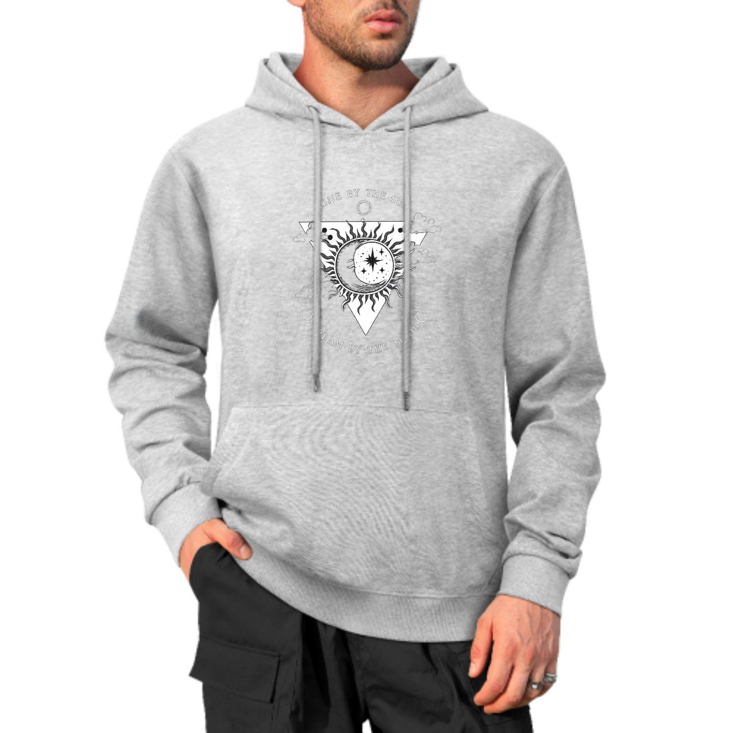 Sun & Moon Graphic Hoodie, Cosmic Balance Sweatshirt, Black Hoodie with Spiritual Design, Unisex Casual Wear, Trendy Hoodie for Dreamers