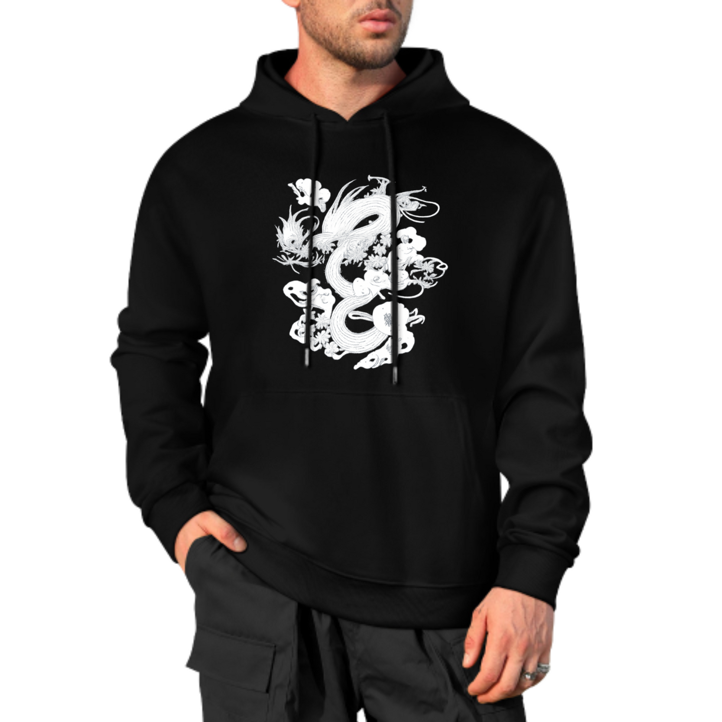 Dragon Graphic Hoodie, Bold Black Ink Dragon Design Sweatshirt, Cream Color Hoodie, Asian-Inspired Artwork, Unisex Casual Wear