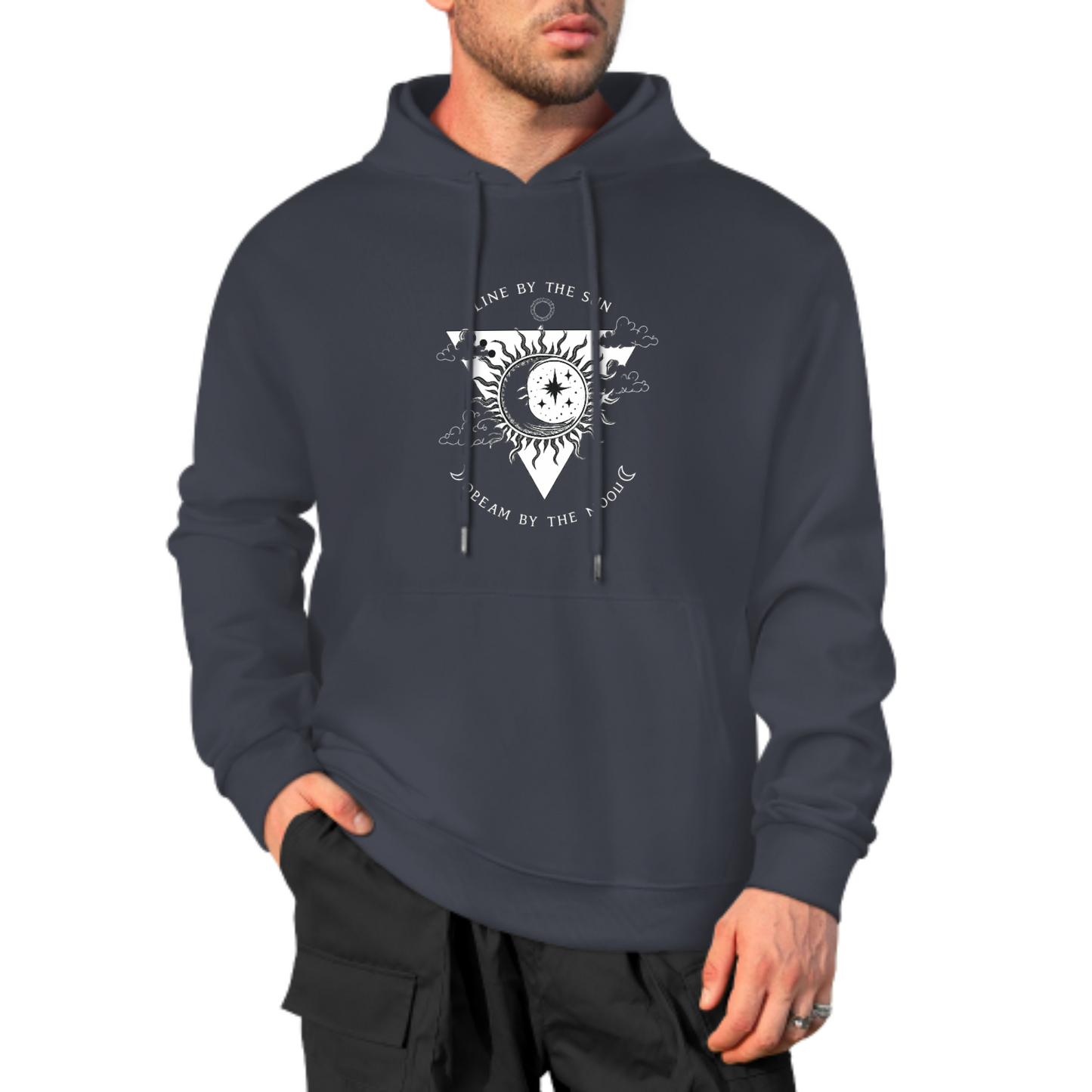 Sun & Moon Graphic Hoodie, Cosmic Balance Sweatshirt, Black Hoodie with Spiritual Design, Unisex Casual Wear, Trendy Hoodie for Dreamers