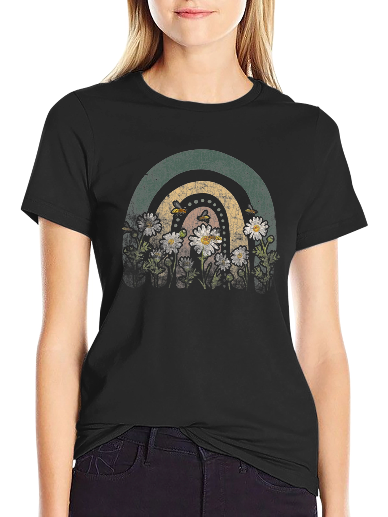 Retro Rainbow Bee & Daisy Graphic Tee