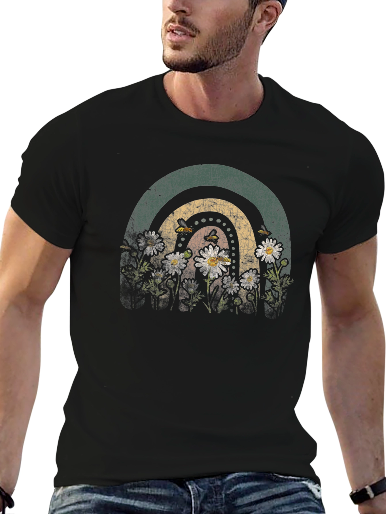 Retro Rainbow Bee & Daisy Graphic Tee