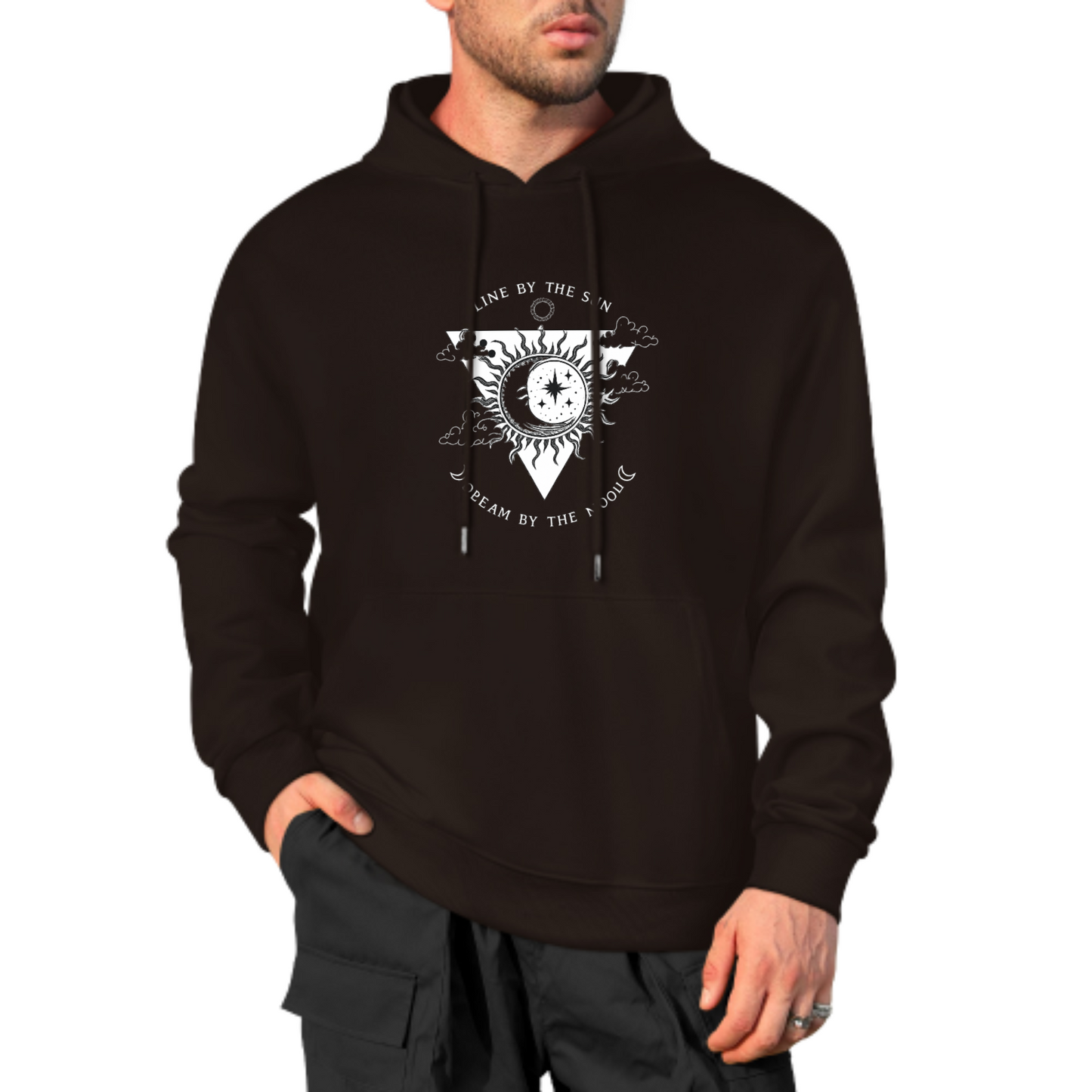 Sun & Moon Graphic Hoodie, Cosmic Balance Sweatshirt, Black Hoodie with Spiritual Design, Unisex Casual Wear, Trendy Hoodie for Dreamers