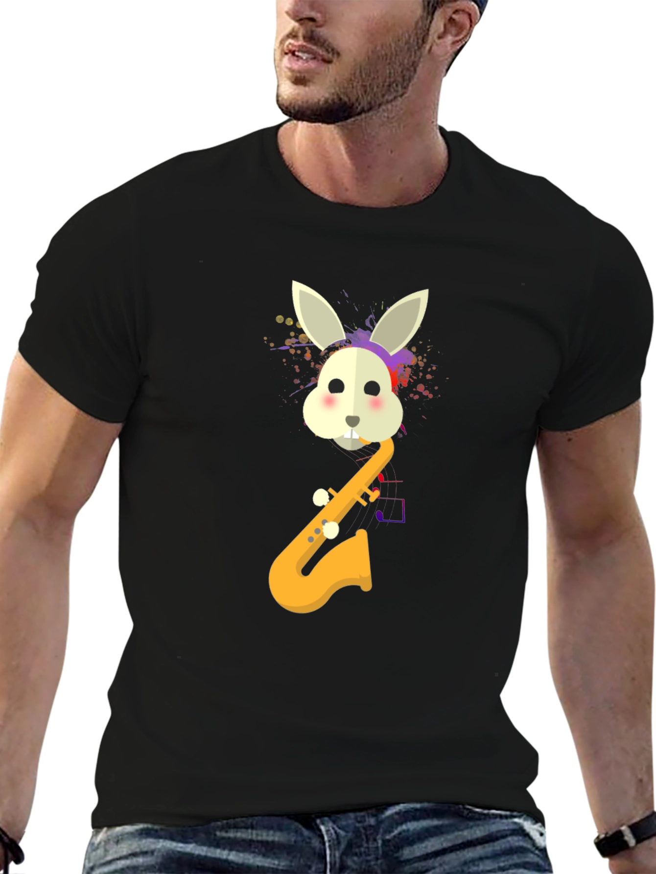 Rabbit Saxophone Mens Graphic T-Shirt - Black