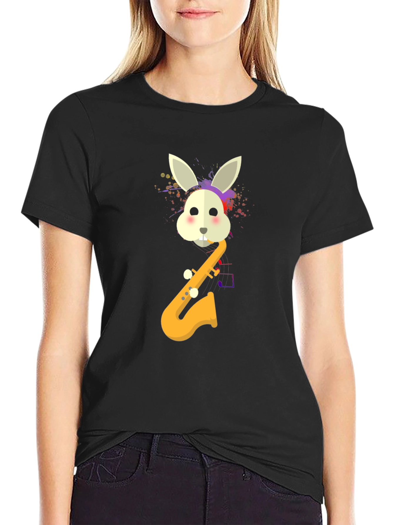Rabbit Saxophone Mens Graphic T-Shirt - Black