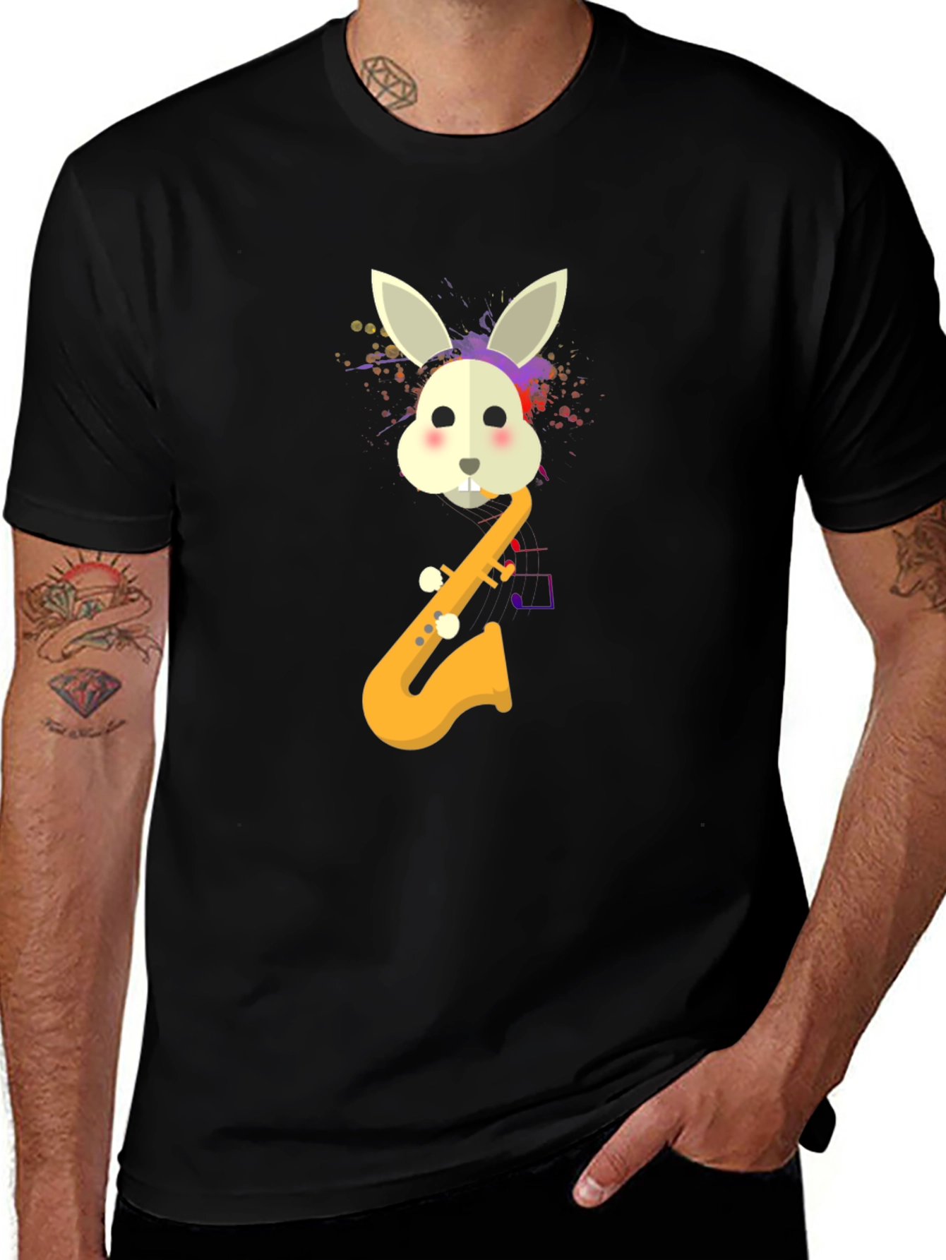 Rabbit Saxophone Mens Graphic T-Shirt - Black