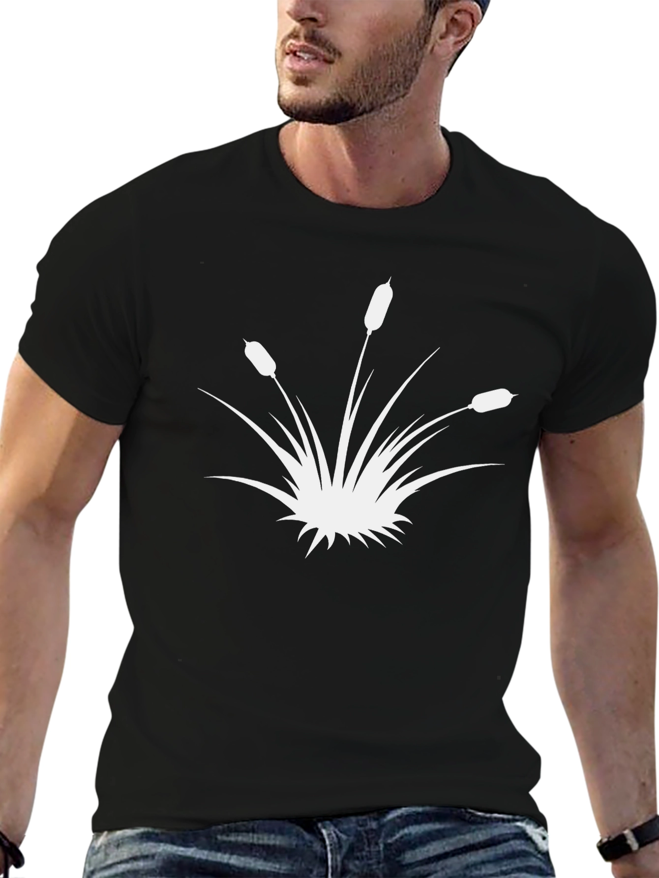 Black T-Shirt with White Cattail Design