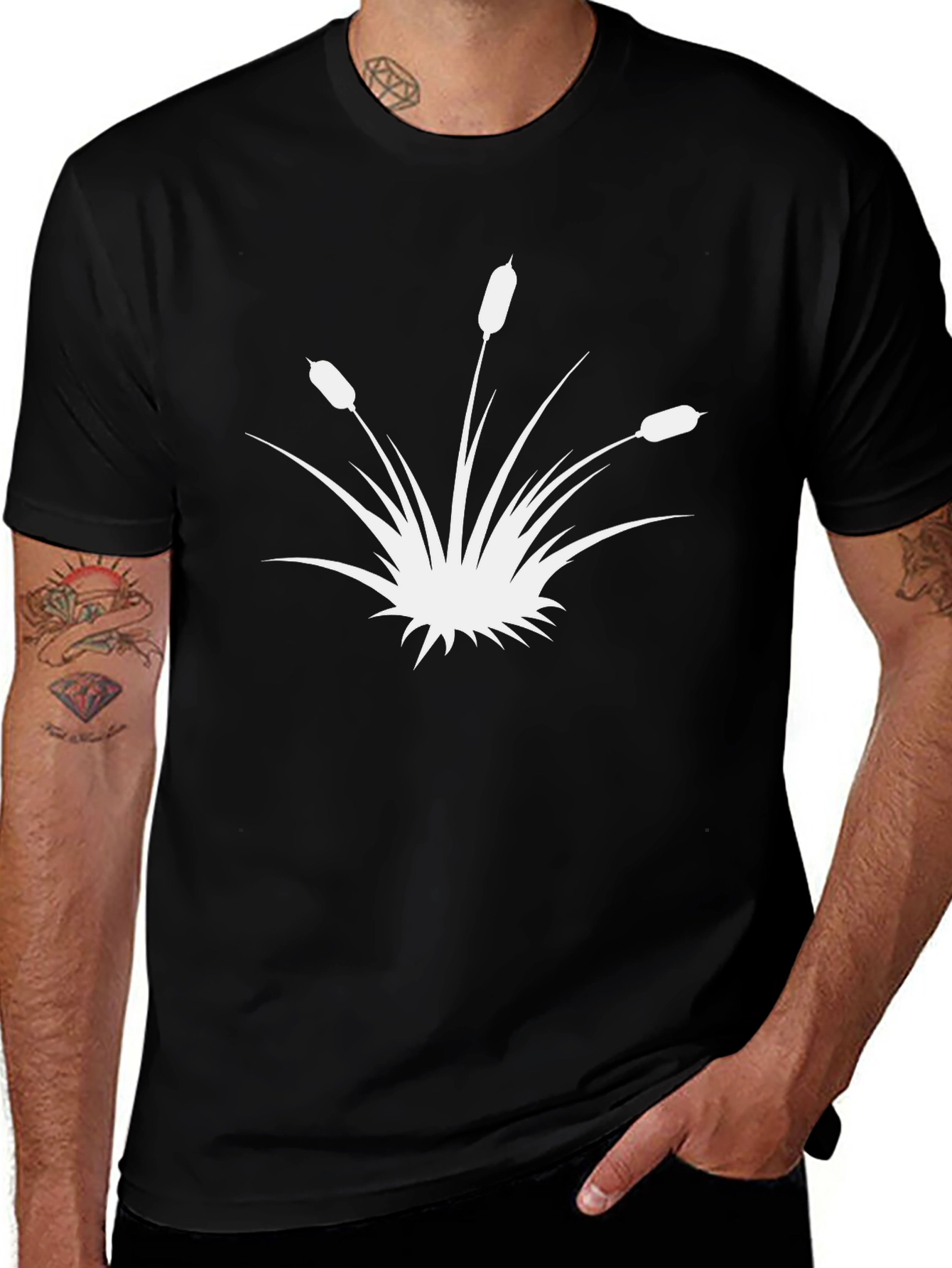 Black T-Shirt with White Cattail Design
