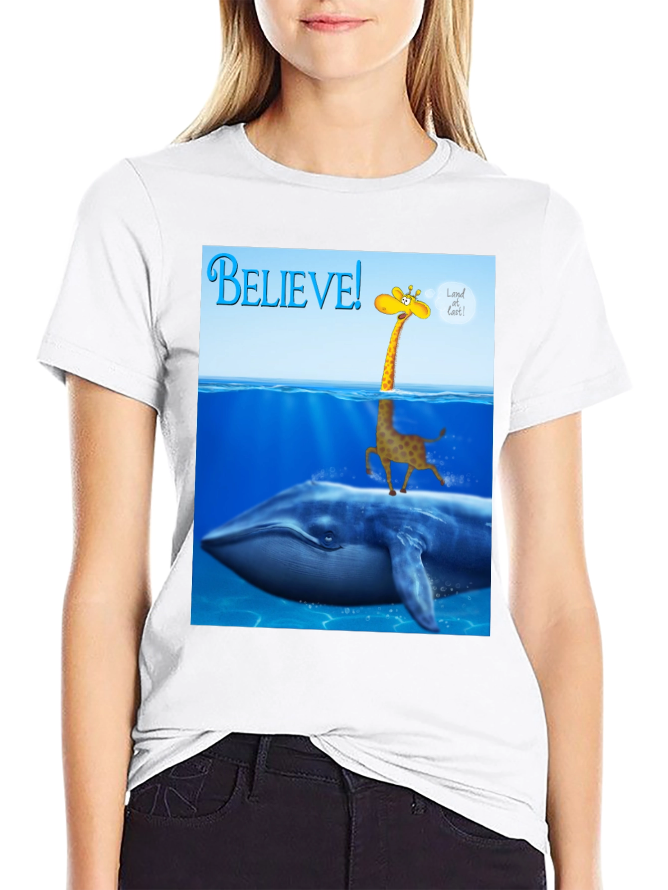 Believe! Giraffe Riding Whale T-Shirt