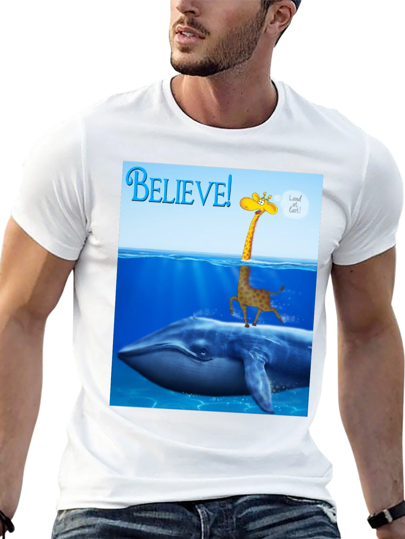 Believe! Giraffe Riding Whale T-Shirt