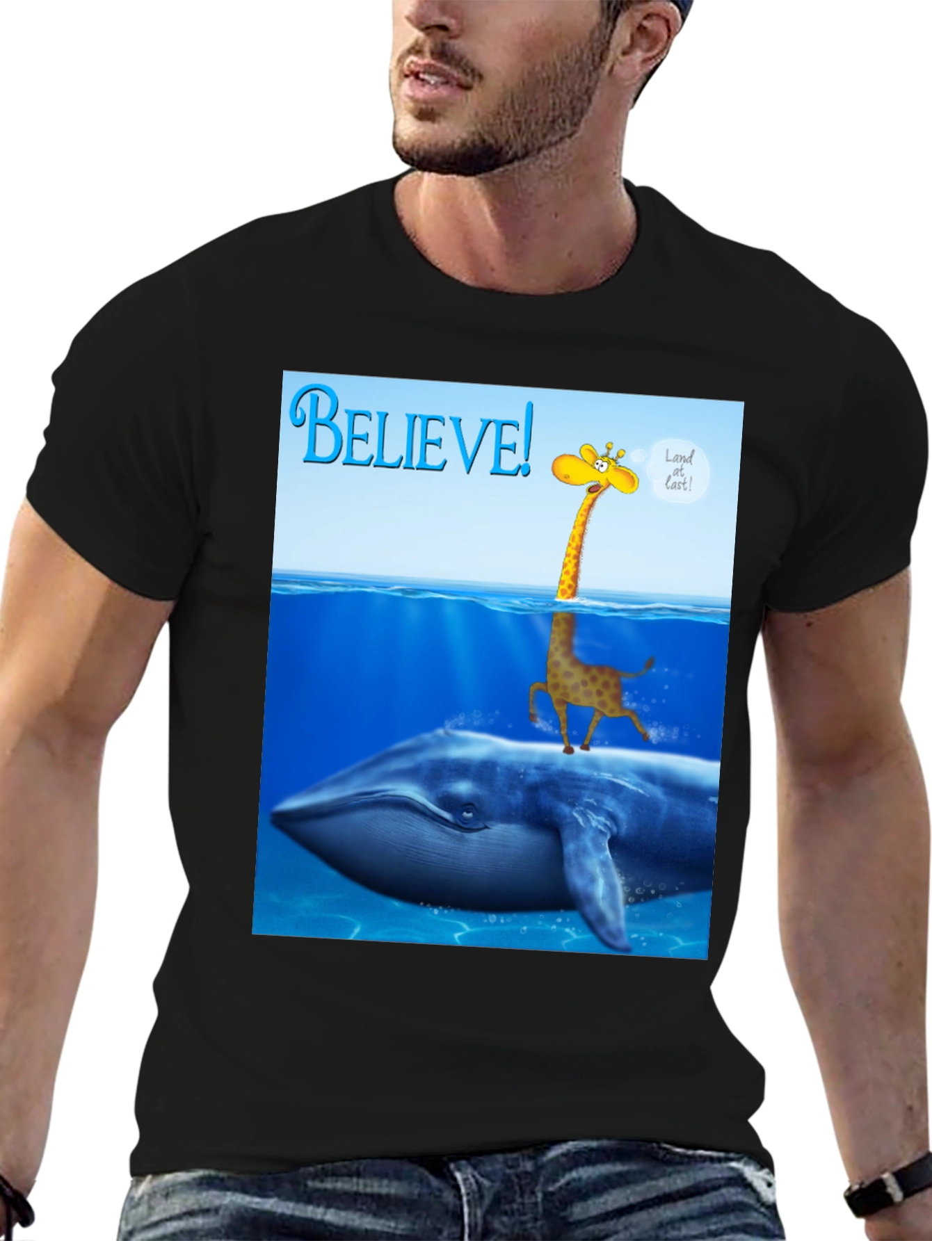 Believe! Giraffe Riding Whale T-Shirt